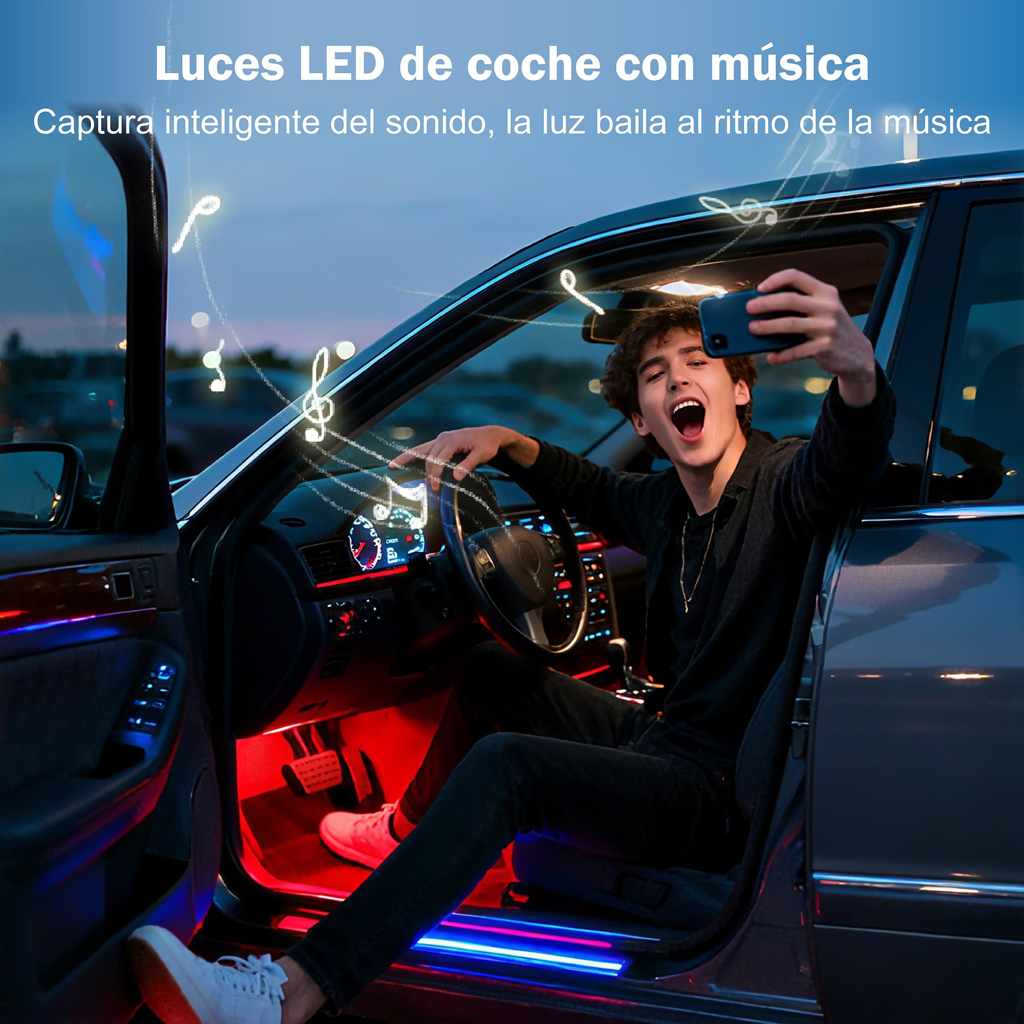 Car Interior LED Lights - 4PCs RGB Strip Lights with Bluetooth APP Control, Music Sync/DIY Mode, USB-Powered Ambient Lighting Kit for Cars, Trucks, SUVs (Universal Fit)