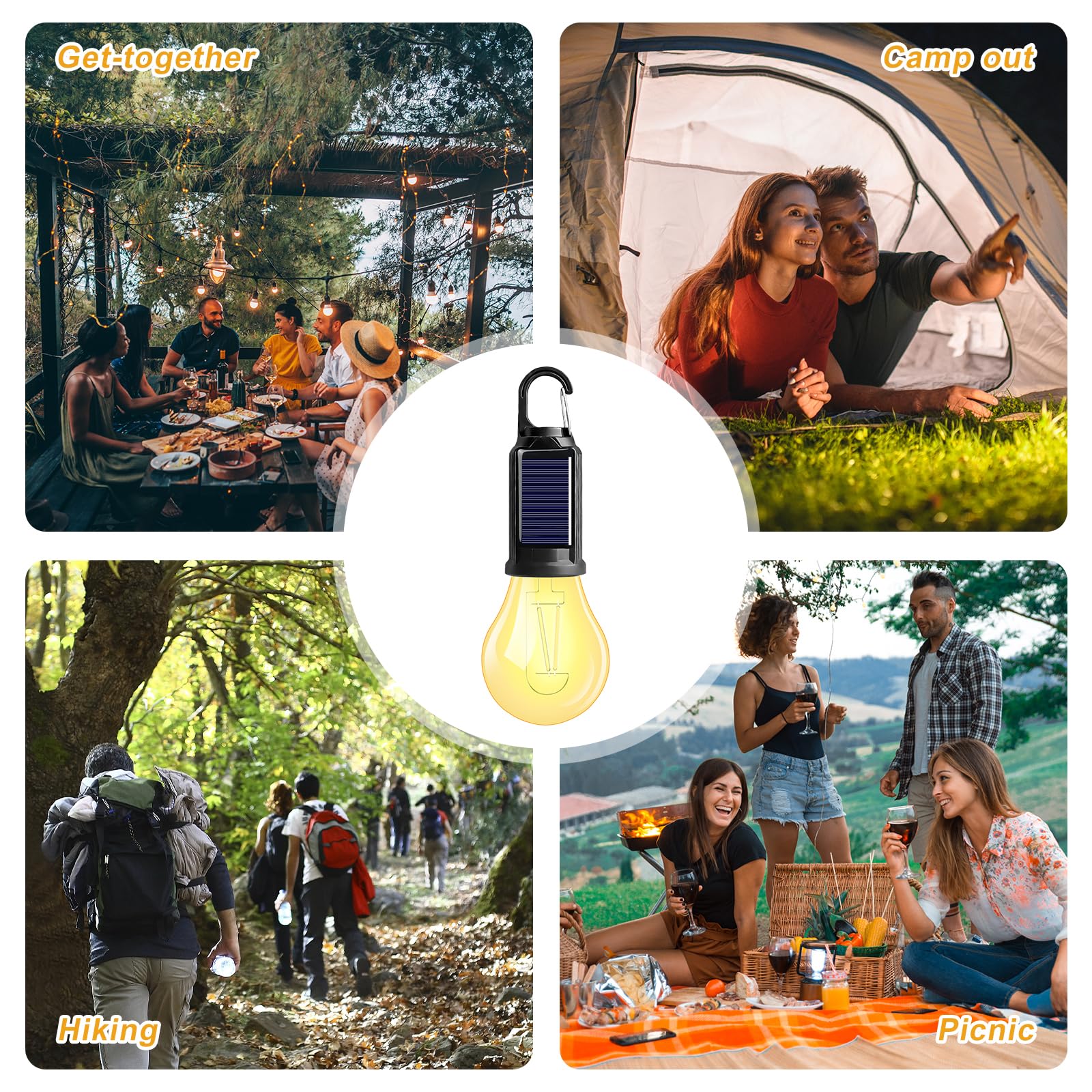 Lampada da campeggio ricaricabile, 5 pezzi LED da campeggio a energia solare, luci da campeggio ricaricabile, lampada da campeggio con moschettone, set di lampadine da campeggio, luminosità regolabile