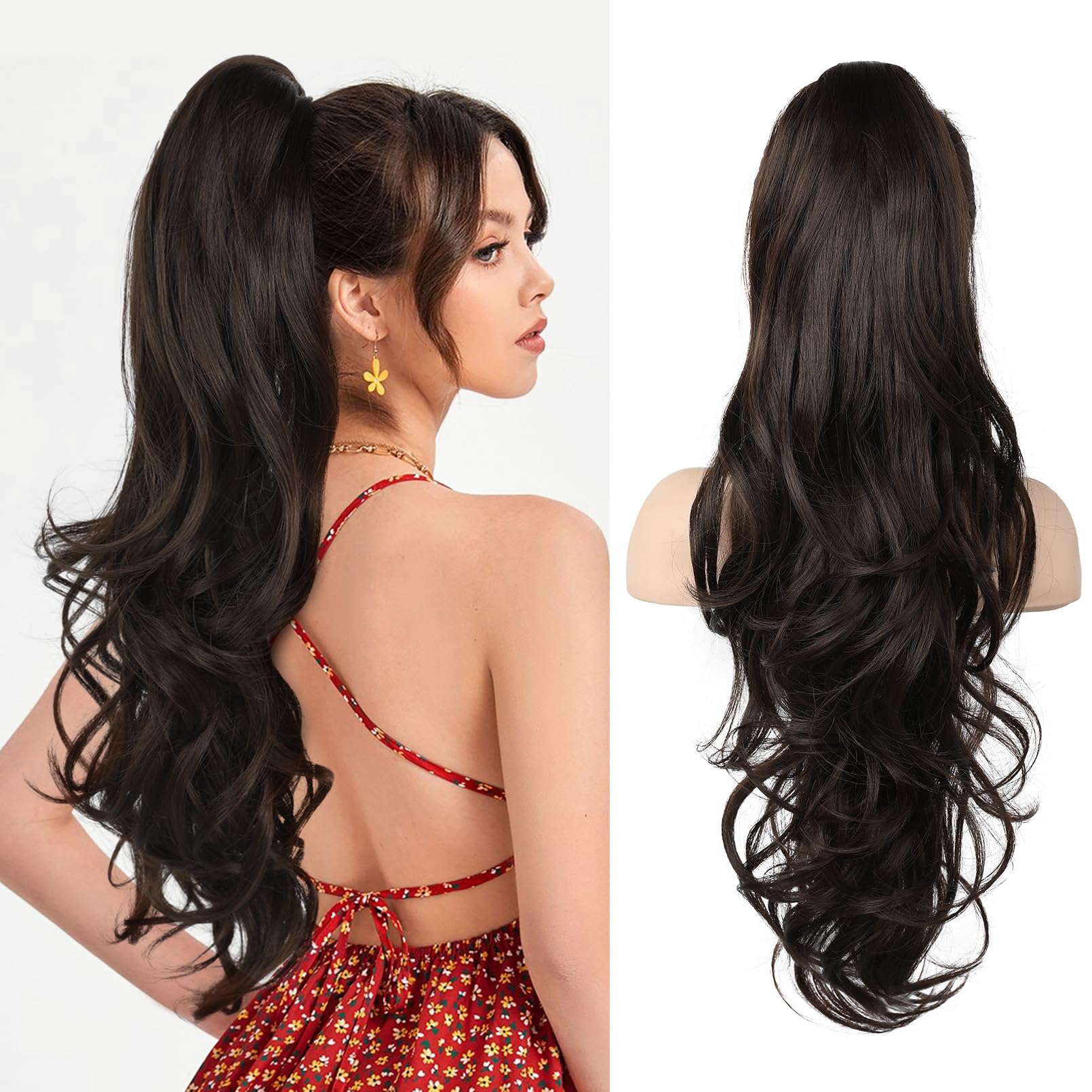 FLUFYMOOZ Ponytail Extension, 66cm Pferdeschwanzverlängerung lange, gewellte, lockige Klauen Clip in Pferdeschwanz Haarverlängerung, synthetisches Haarteil für Frauen-Schwarzbraun