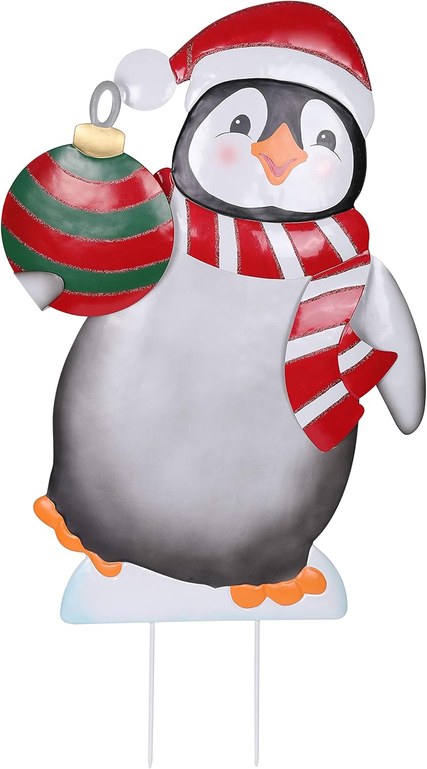Haute Decor 24 Inch Tall Metal Christmas Penguin Outdoor Yard Decoration - Lawn Stake Included - Large, Cute Holiday Display