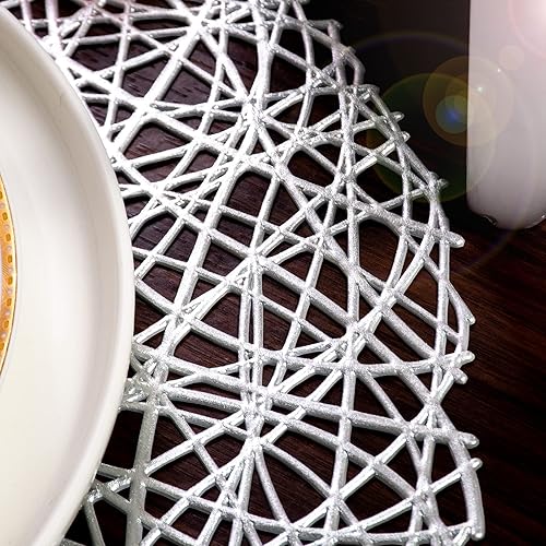 Miniatura 6 de FunWheat Juego de 6 manteles individuales redondos de vinilo plateado metálico con huecos, resistentes al calor, manteles individuales brillantes de