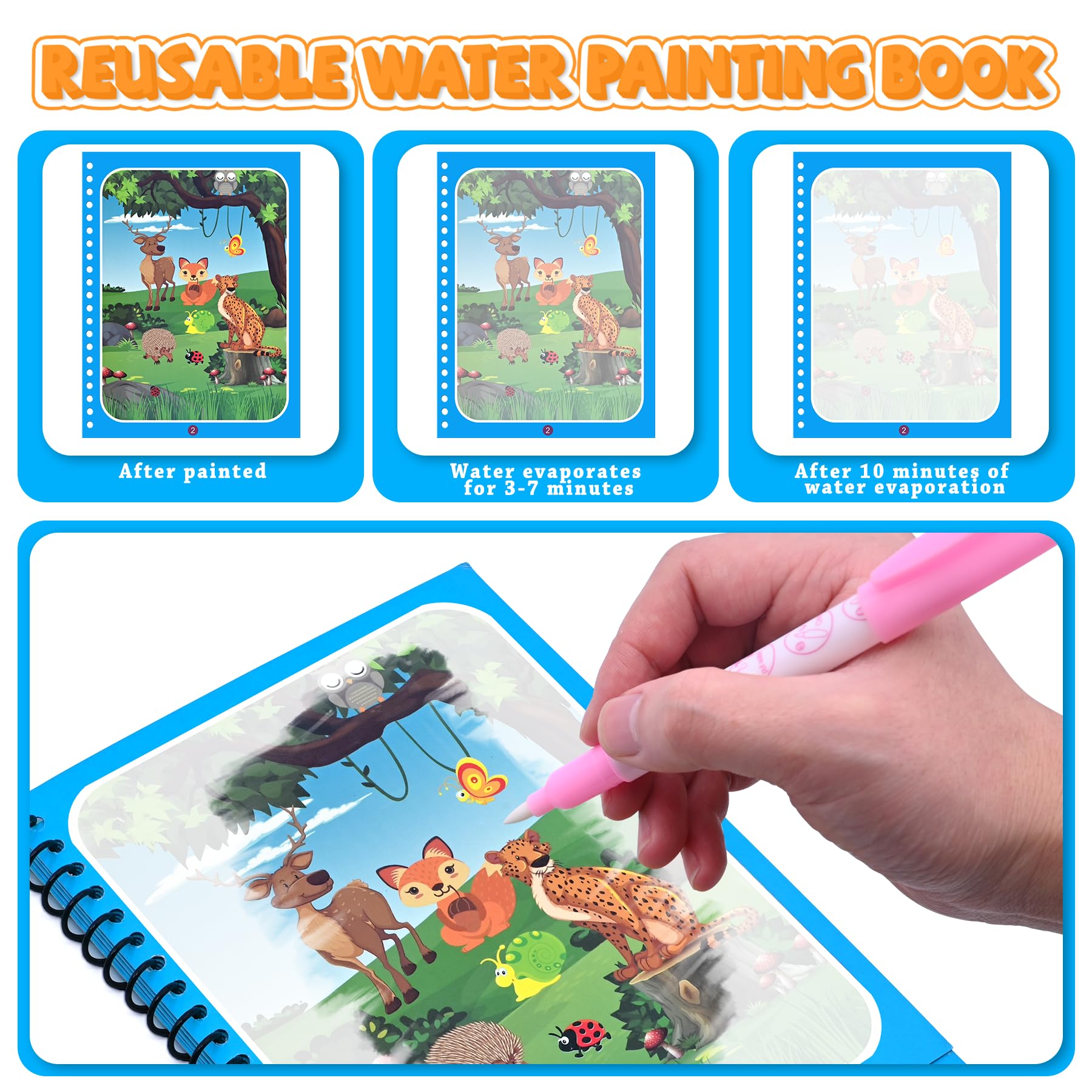 Damcyer 5 Pezzi Libro di Pittura ad Acqua per Bambini con 5 Penna Acqua, 5 Temi Riutilizzabile Magic Water Book, Libri ad Acqua da Colorare Bambini, Libro da Disegno ad Acqua per Bambini da 3 Anni, A