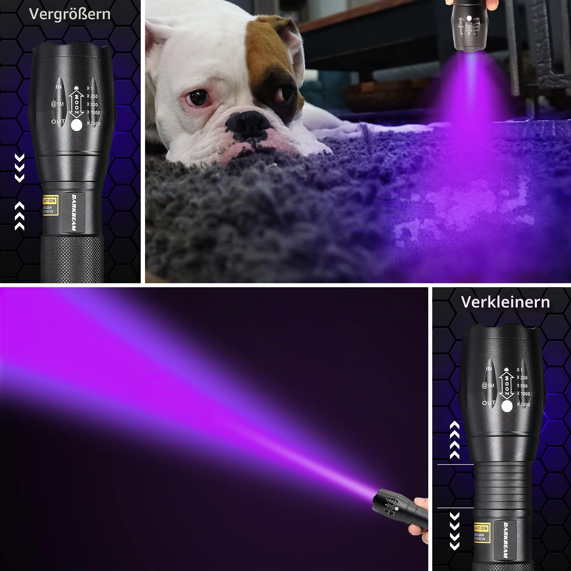 DARKBEAM Taschenlampe Doppeltes UV Licht 365nm & 395nm Wiederaufladbare, Woodsche Lampe Schwarzlichttaschenlampen Mini Hand LED Ultraviolett Licht, Heimtierurindetektoren, Bernstein, Resin, 1 Stück