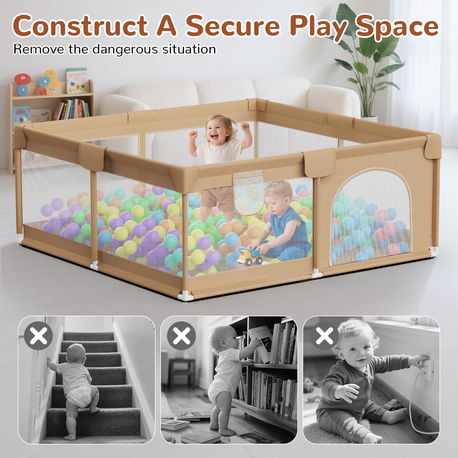 Large Baby Playpen 71x59 Inch Play Pen Playards,Playpen for Babies and Toddlers with 50 Ocean Balls &2 Handles-Sturdy Safety Baby Fence Play Area with Soft Breathable Mesh,Khaki