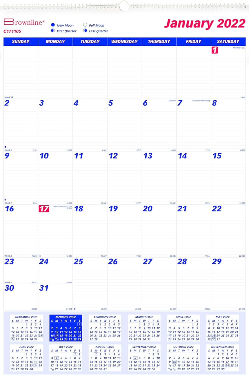 Brownline® 2025 Monthly Wall Calendar, 12 Months, January to December, Twin-Wire Binding, 20" x 30" (C171105-25)