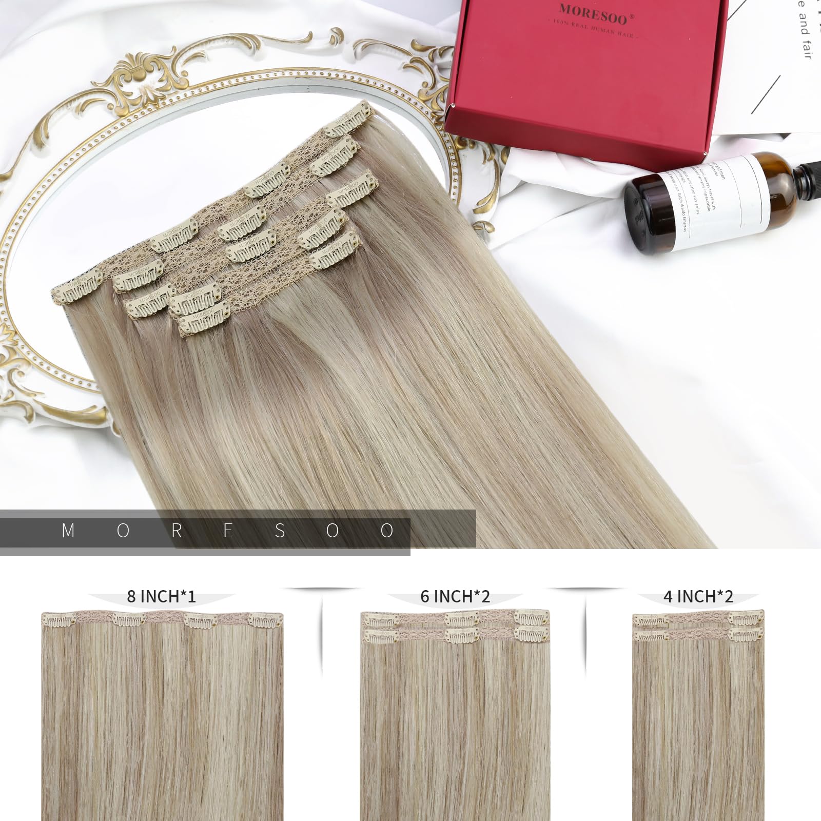 Moresoo Clip in Hair Extensions Real Human Hair 20 Inch Ash Blonde with Bleached Blonde Human Hair Clip in Extensions Real Remy Straight Hair for Adding Volume 5pcs/80G #18/613 - Image 3