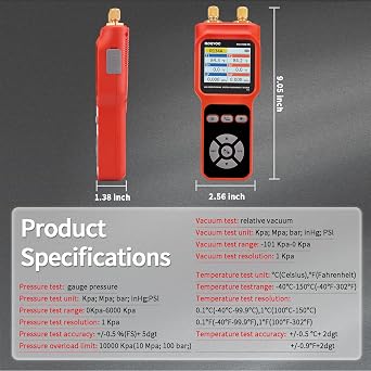 2-Port Digital Manifold Tester Gauge for HVAC Diagnostic Equipment | with 2 Thermometer Clamps and 2 Hoses for Air Conditioner Performance Testing