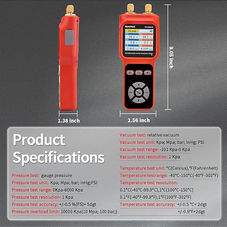 2-Port Digital Manifold Tester Gauge for HVAC Diagnostic Equipment | with 2 Thermometer Clamps and 2 Hoses for Air Conditioner Performance Testing