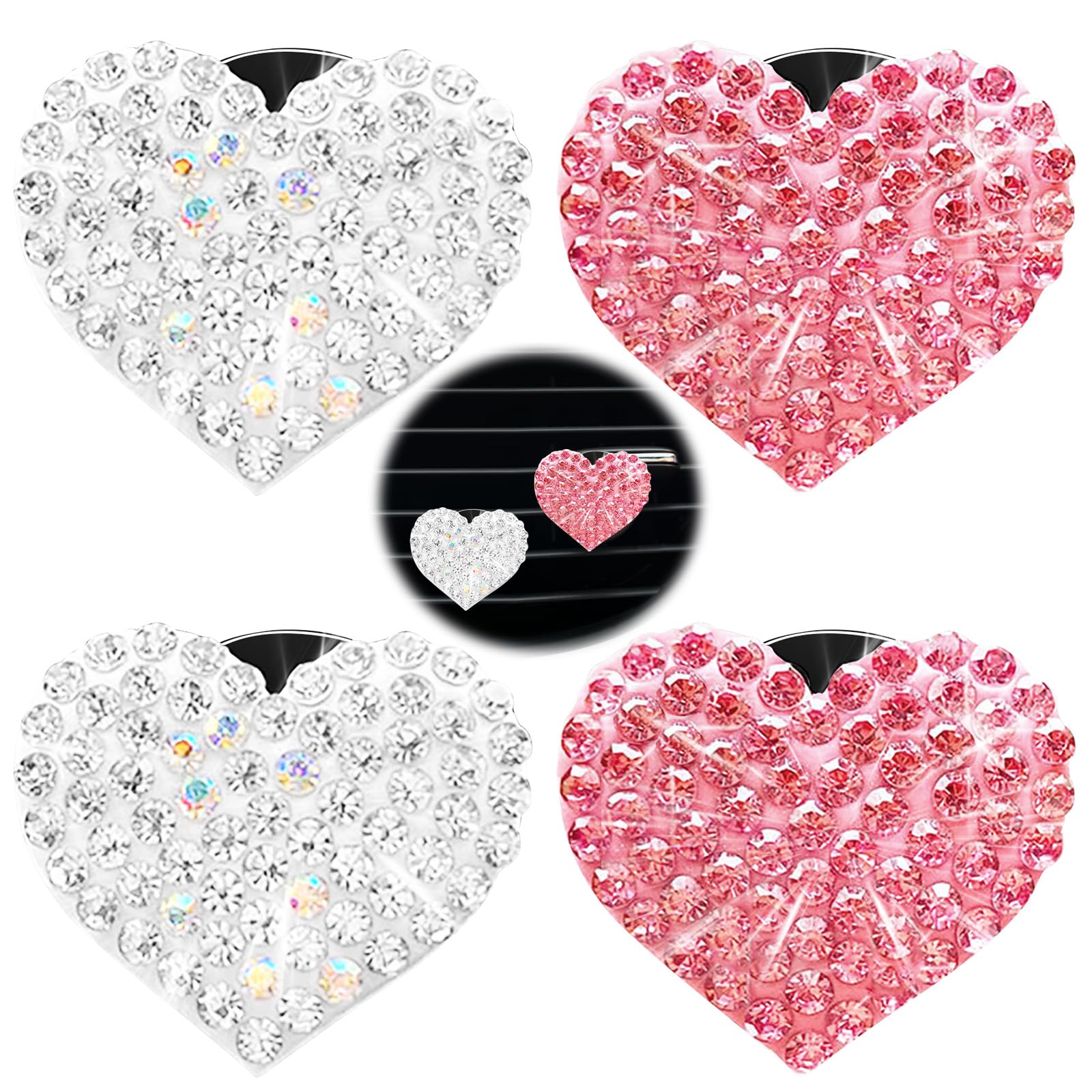 4Pcs Cute Heart Rhinestone Crystal Car Air Vent Clips, Bling Vent Clips, Car Air Fresheners Decorative, Heart Fesheners for Women