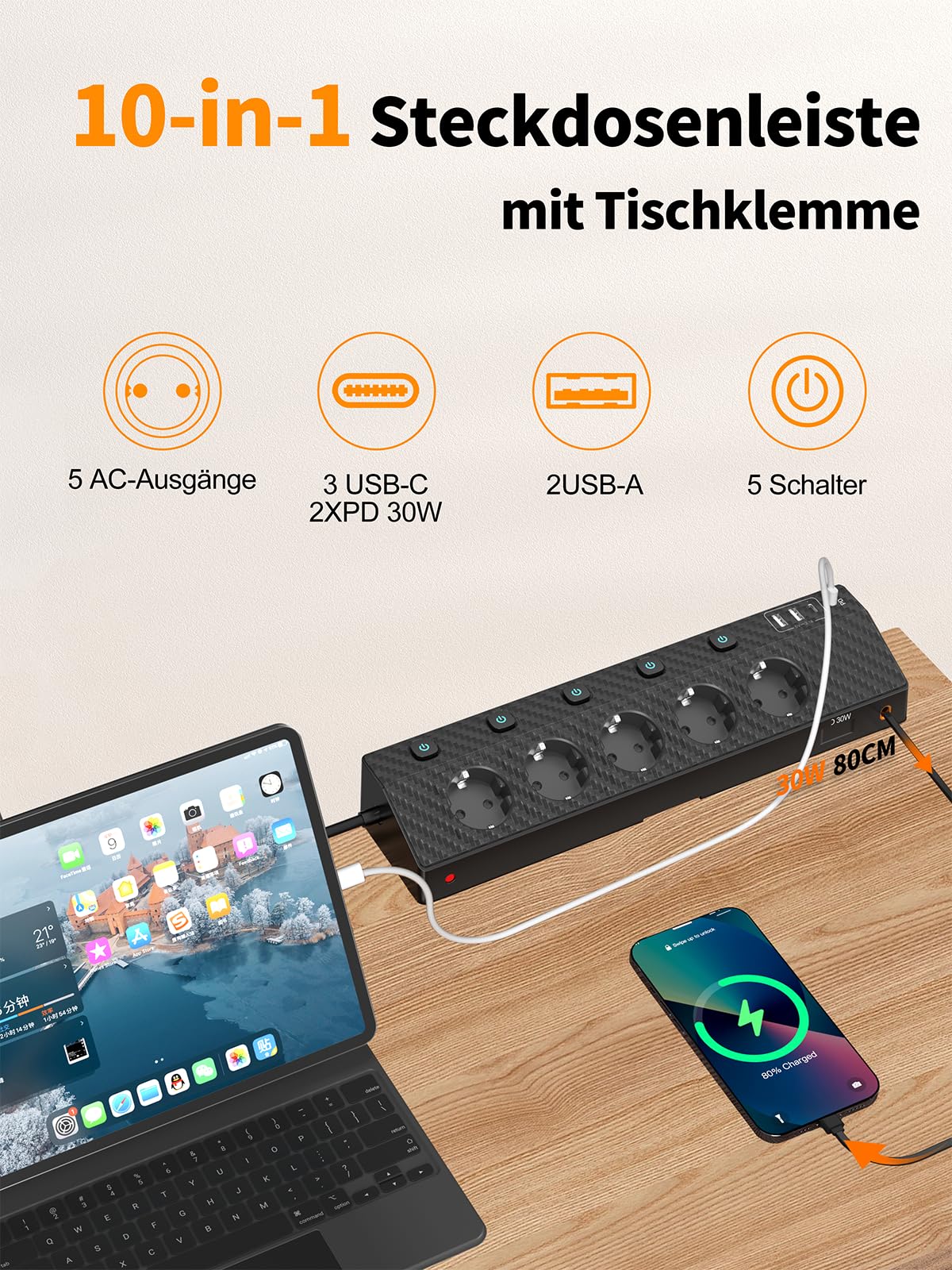 Ciabatta Multipresa con USB 30W, Scrivania Elettrica con 5 Prese, Multipresa Protezione Sovratensione con Interruttori Indipendenti e Prolunga Elettrica 2 Metri, 4000W Presa, Nero