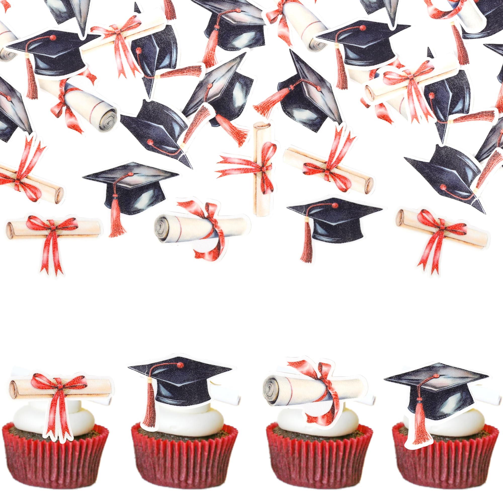 Xsstarmi 60 Pack 2026 Graduation Edible Cupcake Toppers Rice Paper Black Red Grad Cap Cupcake Picks Diploma Done Congrats Grad Cake Decorations for Class of 2026 Graduation Party Cake Supplies