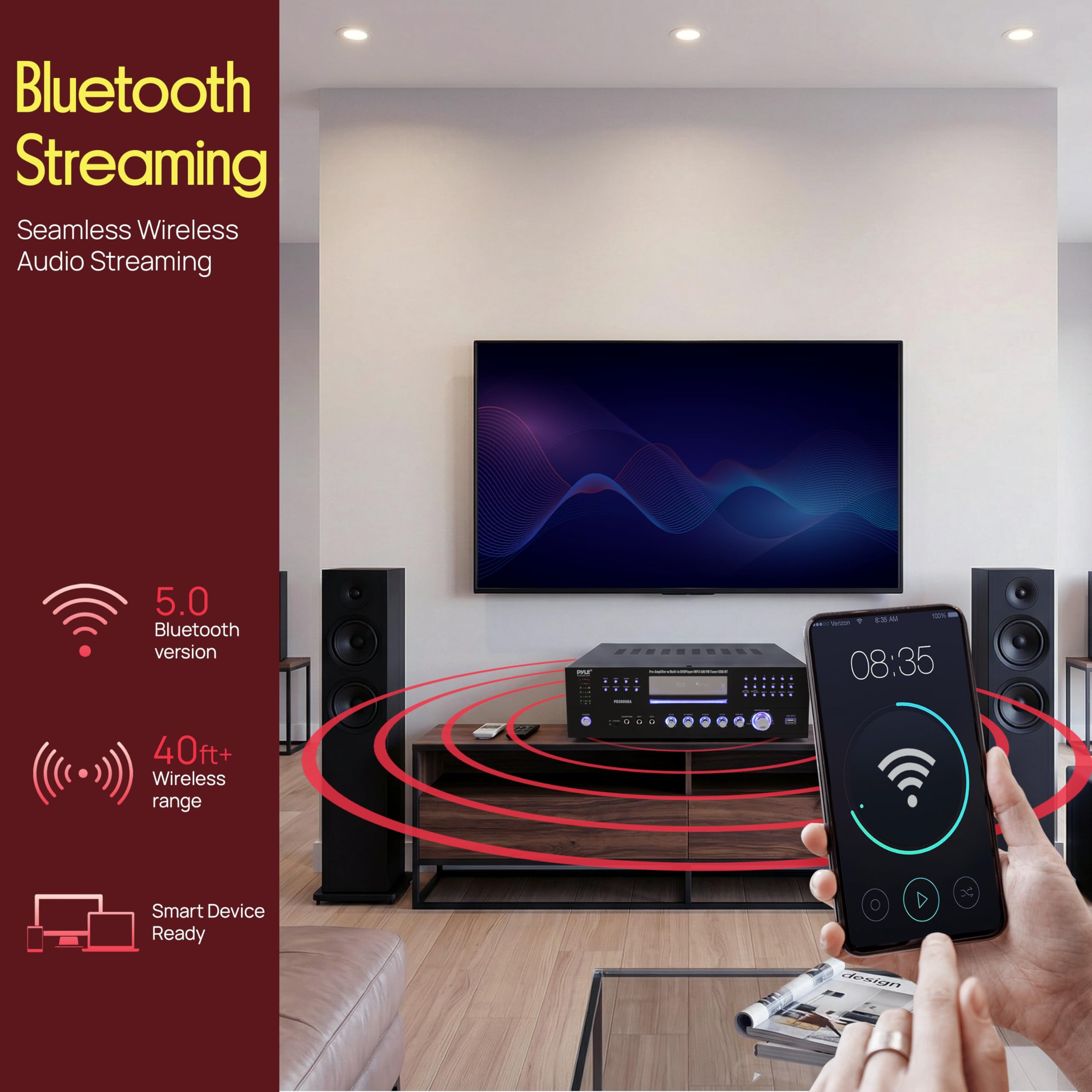 Pyle 4 Channel Bluetooth Home Amplifier - Front Loading DVD/CD Player - 3000W Peak Stereo Receiver - 2 Mic Inputs w/ Echo, FM Radio,Optical In,USB,RCA,Composite, LED Level Meter, Rack Mount - PD3000BA — Amazon image 4