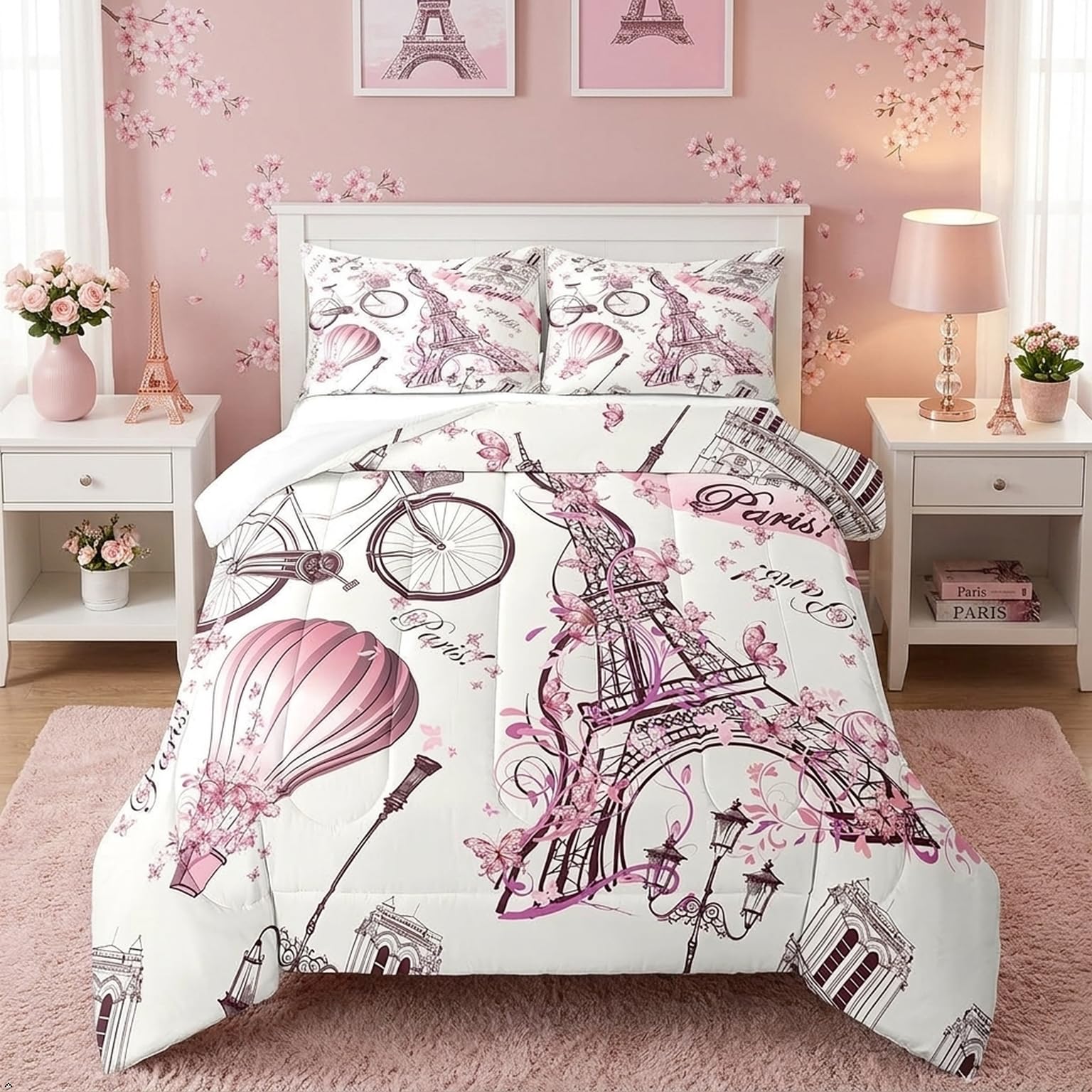 Eiffelturm-Pärchen-Steppdecke, Doppelbett, rosa Blumenmuster, Daunendecke, romantisches Thema, Dekoration, Mädchen, Erwachsene, Frauen, Paare, gesteppte Steppdecke, Paris, einfach, weiche Bettwäsche