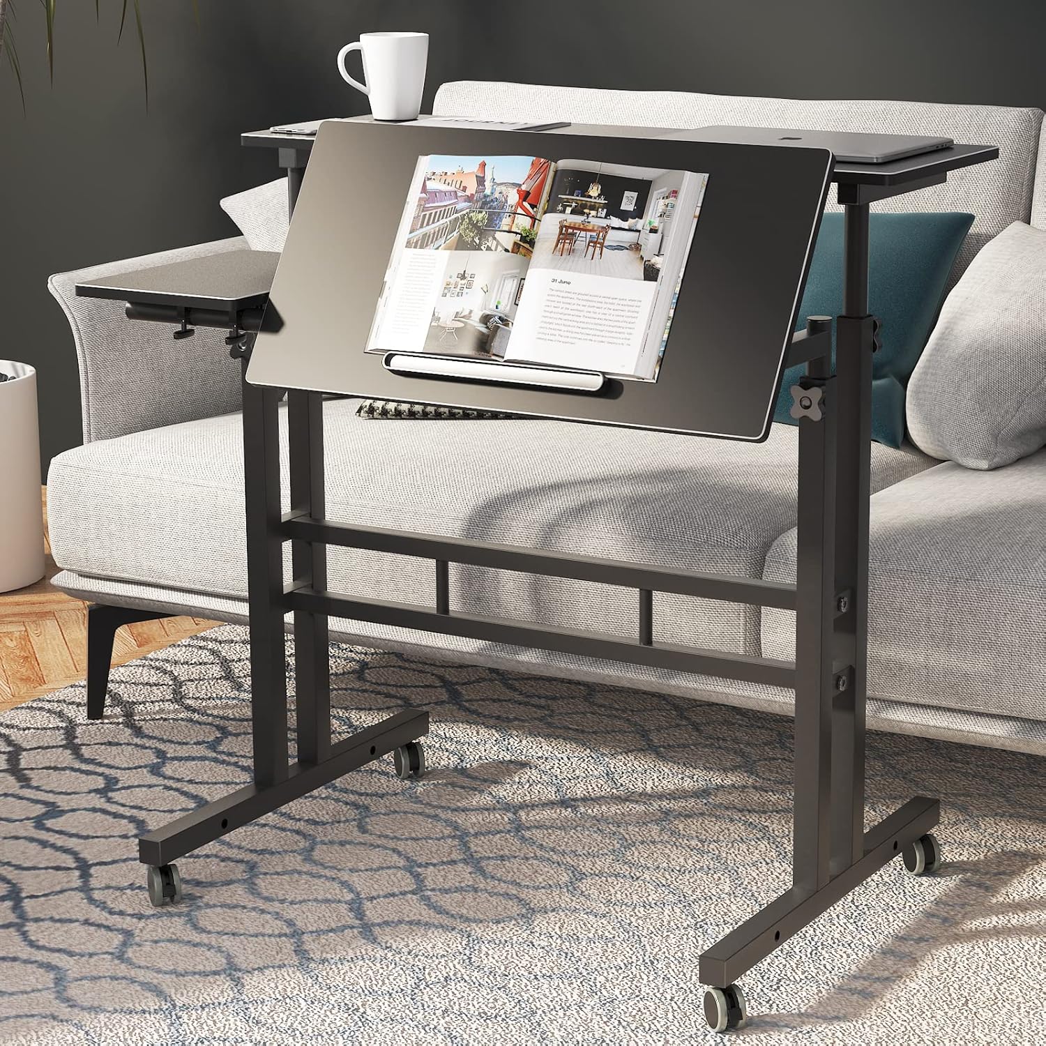 SogesPower 2 Platforms Mobile Laptop Desk Adjustable Side Table Computer Stand for