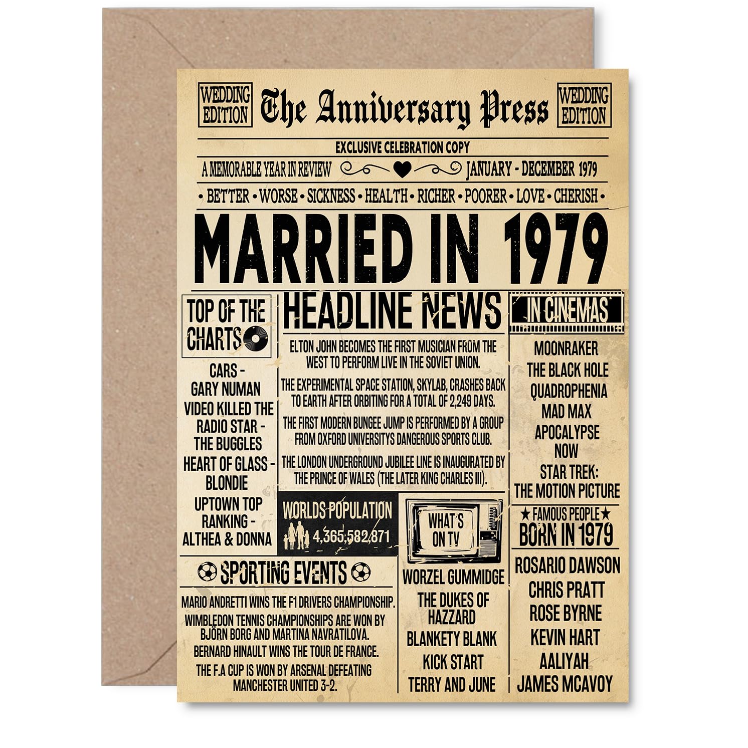 47th Anniversary Card for Men Women - Vintage Newspaper Married in 1979-47 Year Wedding Anniversary Card for Companion Husband Partner Wife, A5 Anniversaries Greeting Cards