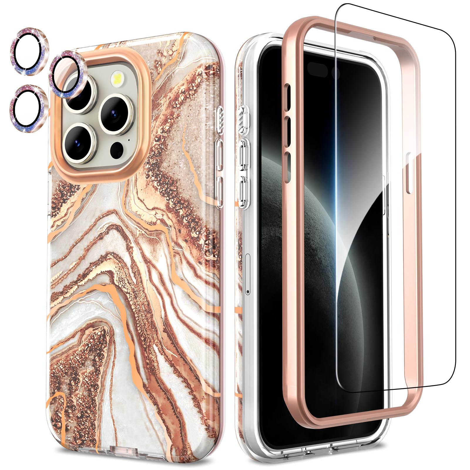 Sponsored Ad – for iPhone 15 Pro Case with Screen Protector + Bumper & Camera Protector, TPU Shockproof 360° Protection, 15 Pro Cases Glossy Fade-Resistant Pattern Phone Case 15 Pro, Rosegold