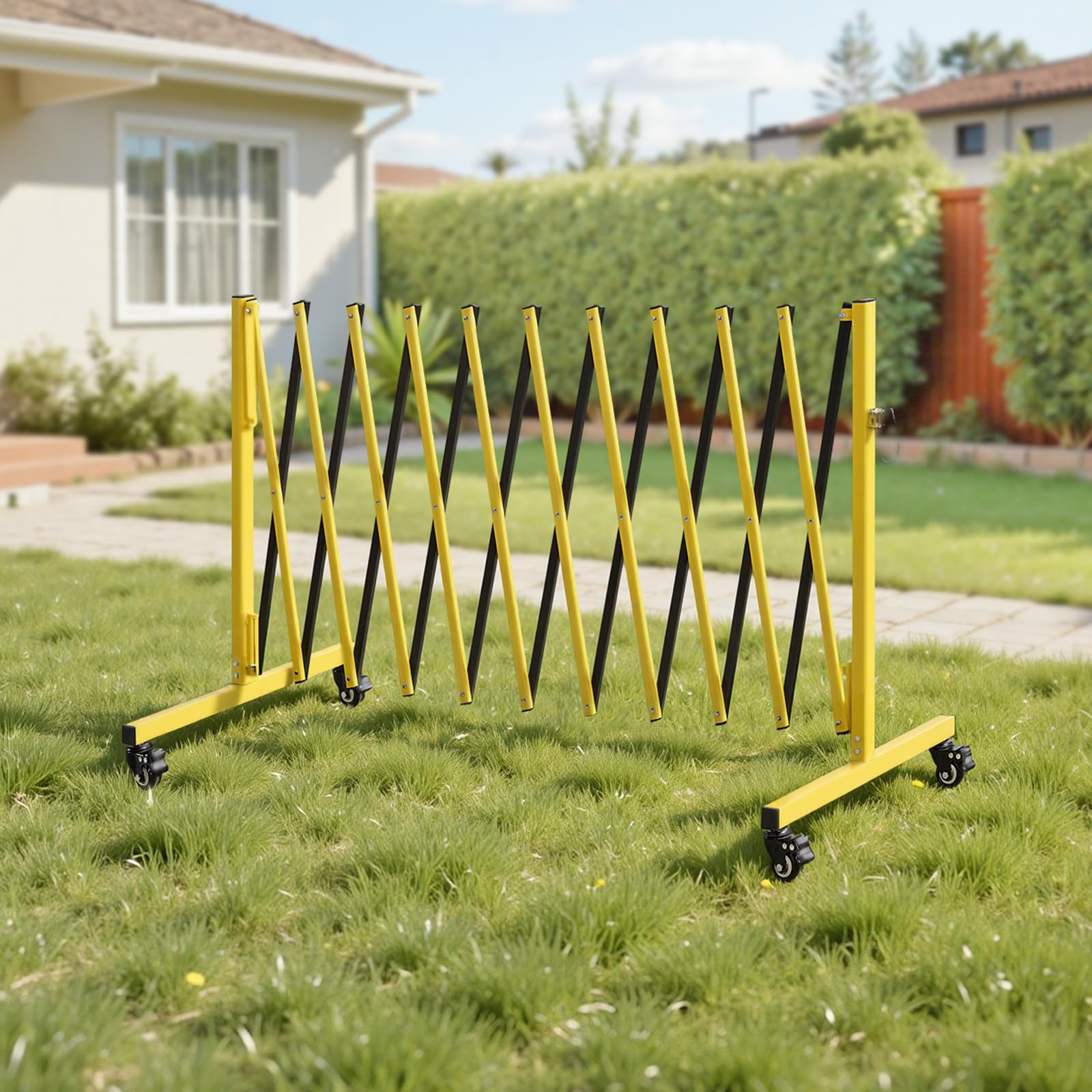 VEVOR Barricada Extensible de 3,94 m, Barrera de Seguridad Plegable con Rueda y Freno, Valla Metálica Portátil de Aleación de Aluminio, para Obra Construcción Control de Espacios, Color Negro Amarillo