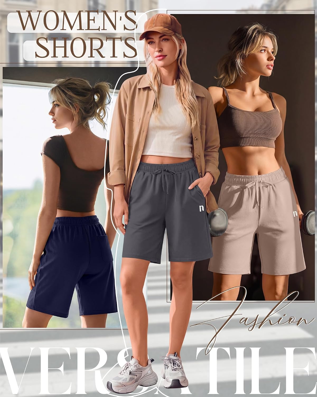 Neer 4 Pack Women's Bermuda Shorts Cotton High Waisted Drawstring Casual Loose Athletic Knee Length Shorts with Pockets