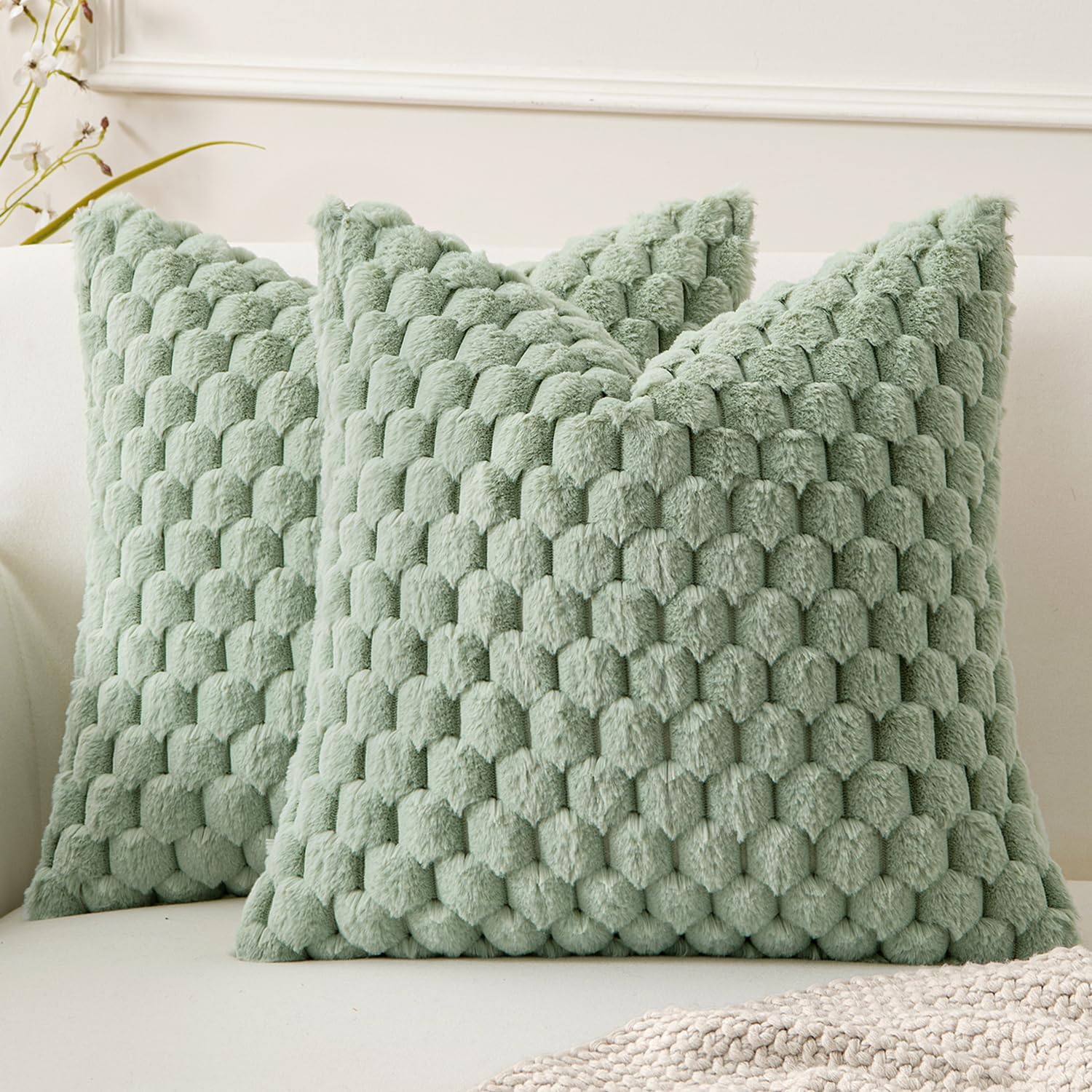 MIULEE Spring Sage Green Faux Fur Decorative Throw Pillow Covers 18x18 Inch Set of 2 Super Soft Cozy Plush Cushion Cases Luxury Fluffy Pillowcases for Sofa Couch Bed Living Room