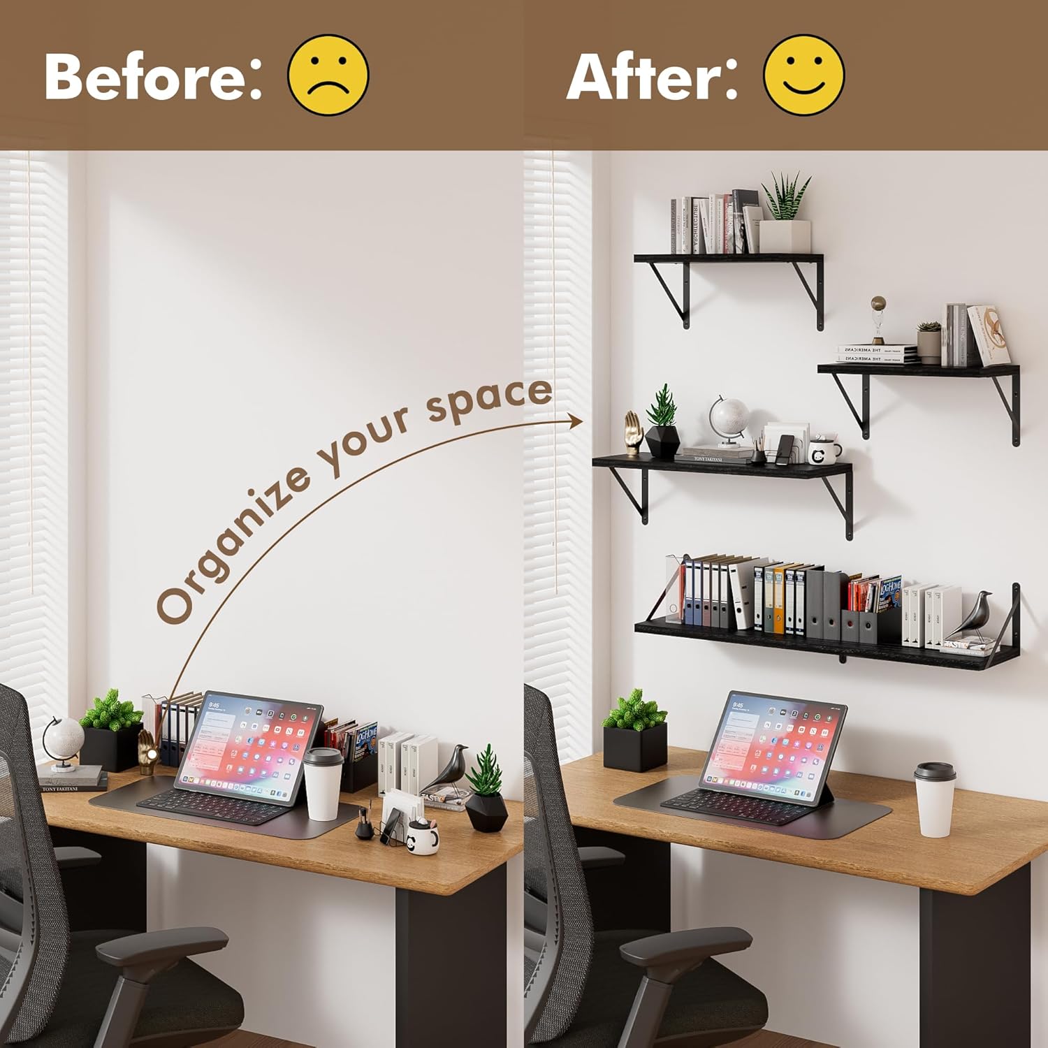 Floating Shelves for Wall, 24W x 8D Wide Bookshelf with Brackets Set of 3, Wood Wall Mounted Shelves for Living Room, Kitchen, Bathroom, Bedroom and Decor Storage(Black)