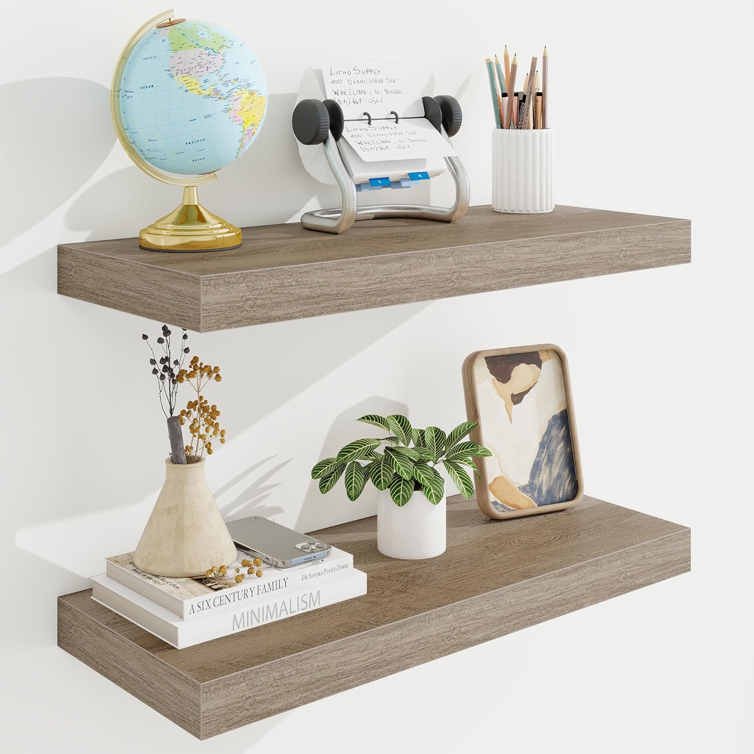 24in Floating Shelves for Wall, 24"W x 9.25"D x 1.25"H, 2 Pack Long Wall Mounted Engineered Wood Shelves with Invisible Brackets for Living Room, Bedroom, Bathroom, Kitchen Decor and Storage, Grey