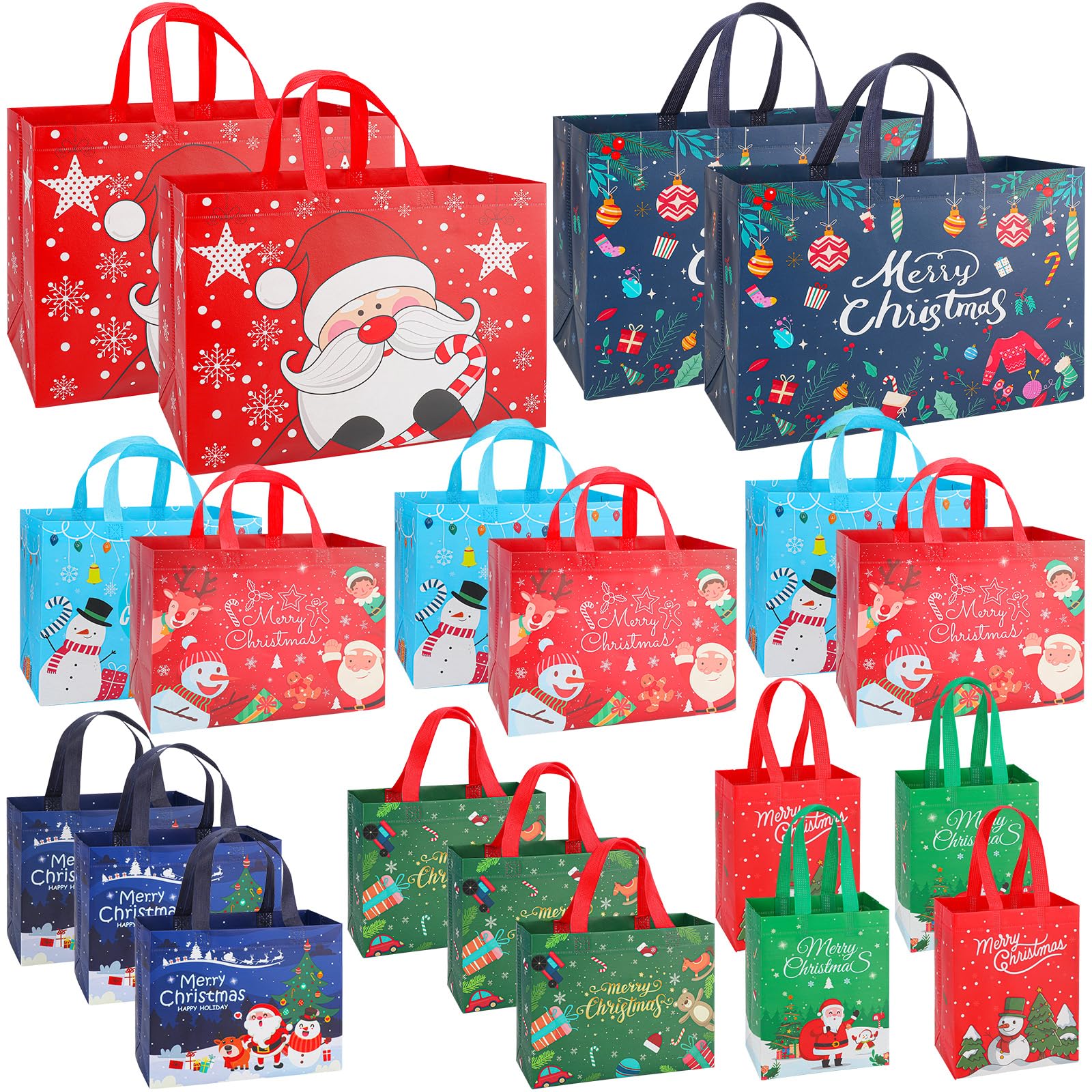 20 Pack Christmas Gift Bags Assorted Sizes, Reusable Heavy Duty Tote Bags with Handles - 4 Extra Large, 6 Large, 6 Medium, 4 Small, Christmas Bags for