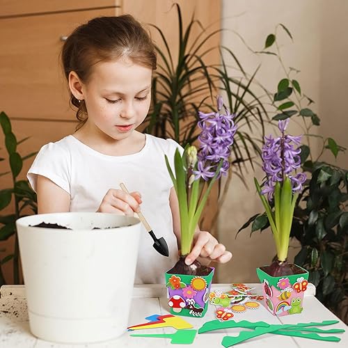 Miniatura 6 de Elcoho Juego de 36 macetas de plástico para jardín, kit de manualidades de primavera para niños, macetas con 150 calcomanías de espuma, 36