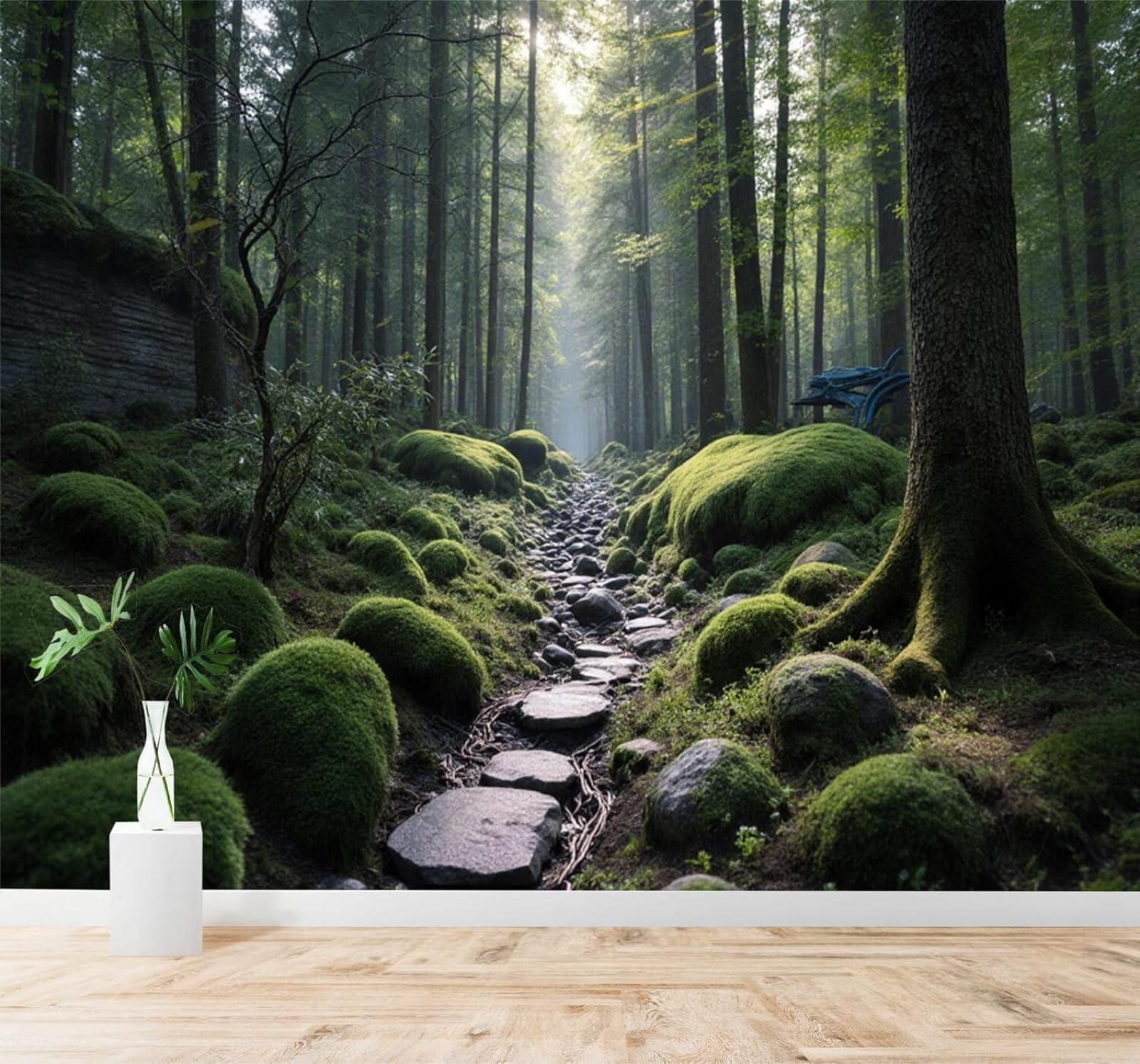 Xlming 150Cm×105Cm(B×H) Sunlight Moss Forest Green Trees A Path 3D Wallpaper Silky Texture Home Study Office Grey Dining Room Sofa Bedroom Living Room Tv Backdrop-150Cm×105Cm