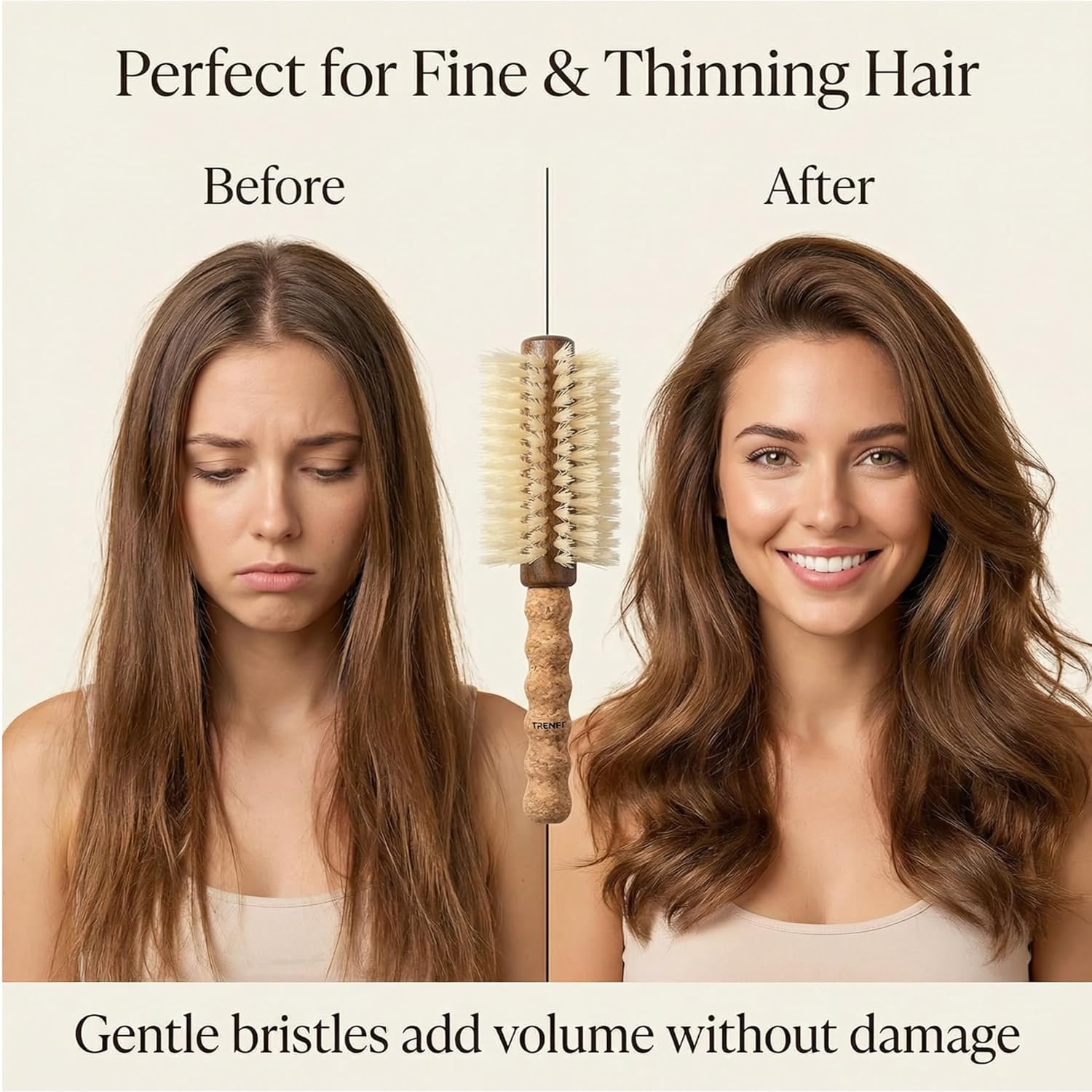 Boar Bristle Round Brush for Blow Drying Fine Thin Hair - 2.75 Inch Large Wooden Barrel with Nylon Pins and Cork Handle - Volumizing Blowout Brush for Women with Thinning or Color-Treated Hair - Image 5