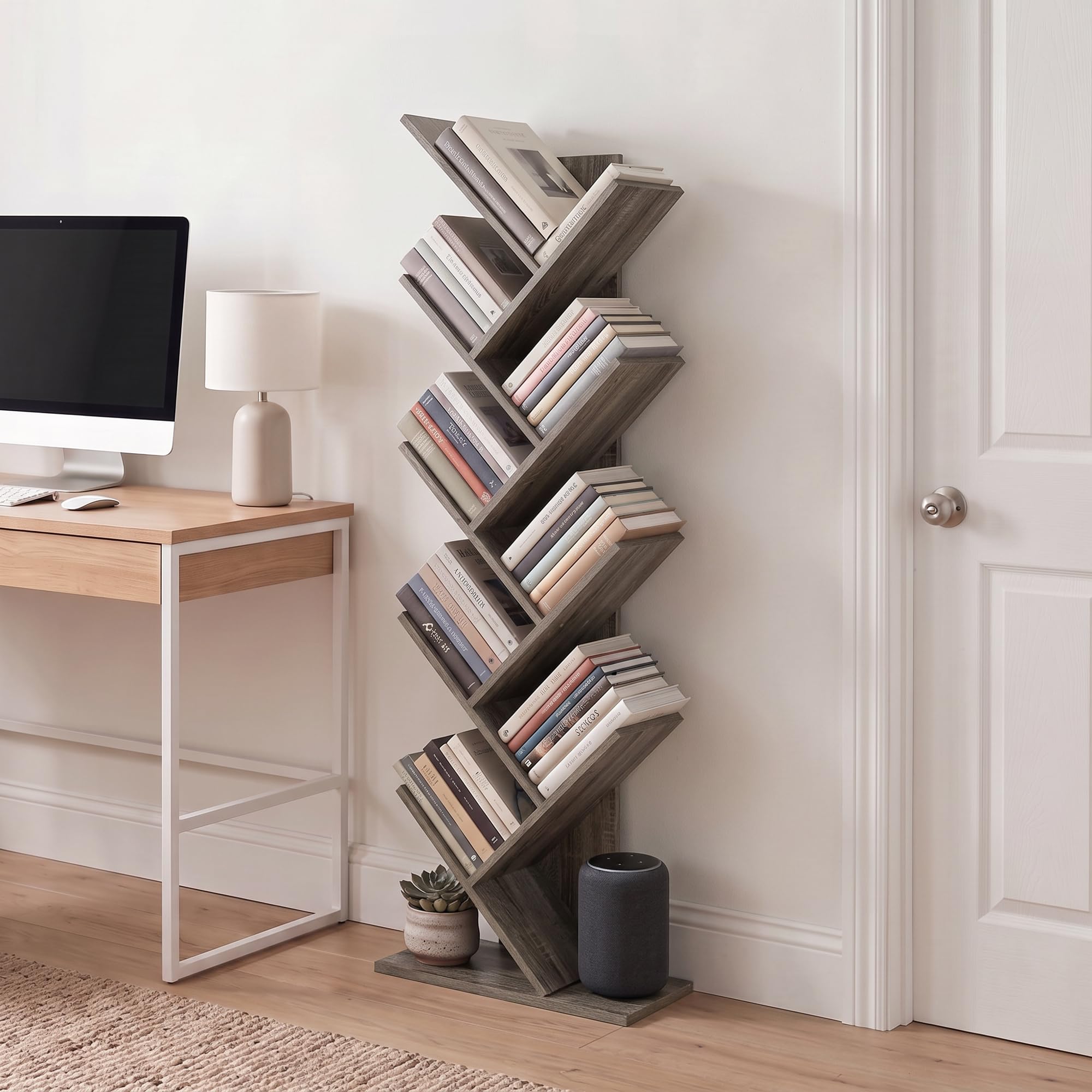 Furinno Tree Book Shelf, 9-Tier Bookshelf, Tree Bookcase for Room Decor, 8.4 x 15.7 x 50.9, for Living Room, Bedroom, Home Office, Grey Oak