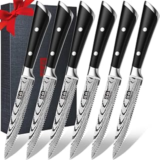 SHAN ZU Steak Knives Set of 6, Table Knives, Serrated Table Knife 12 cm, High Carbon Stainless Steel Steak Knife Set, Steak Knives with Gift Box