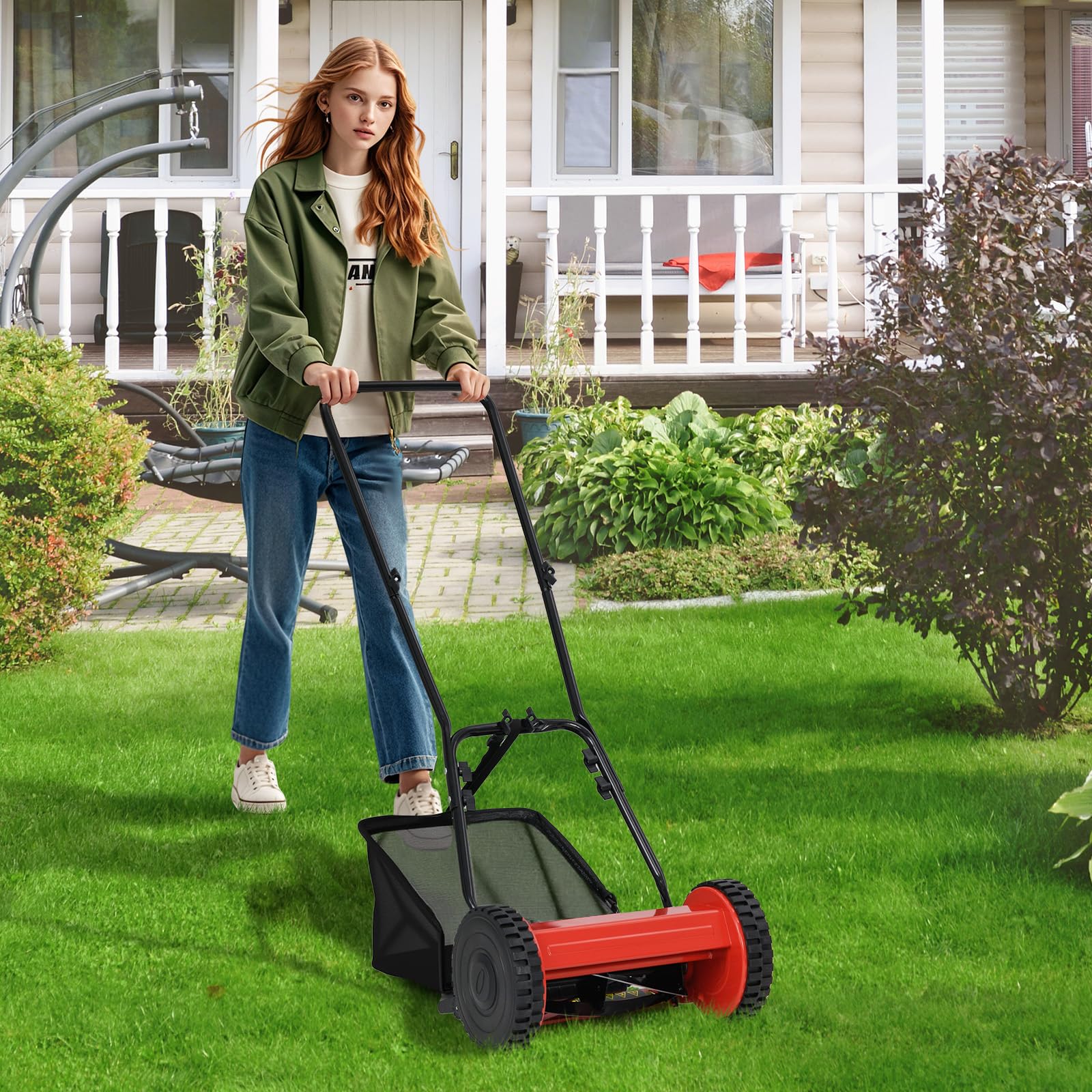 SOARS Spindelmäher, Rasenmäher mit 30 cm Schnittbreite, 18,5 Liter Fangkorb, 4-stufiger Schnitthöheneinstellung 15-40mm, Handrasenmäher 5 Stahlmessern