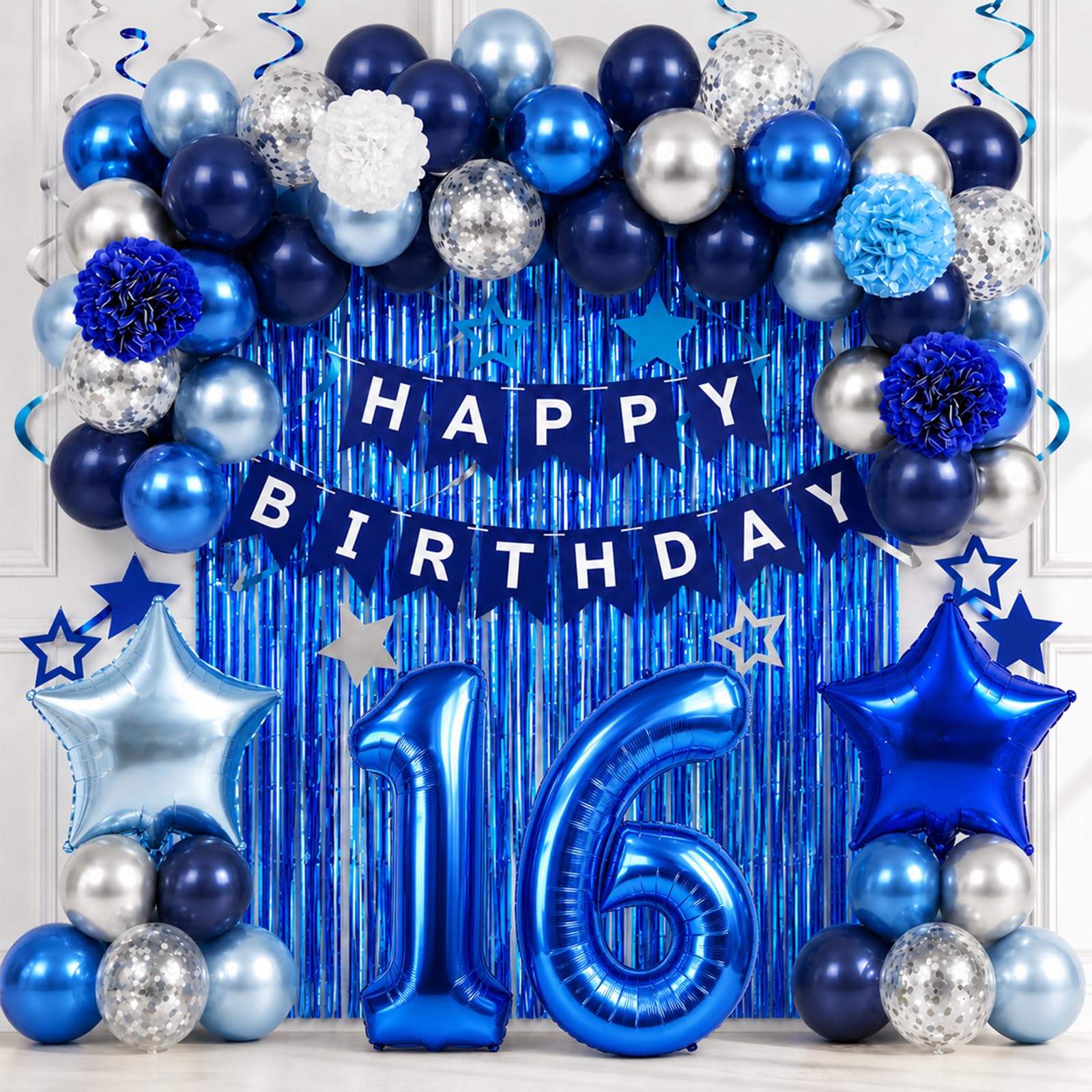 16th Birthday Decorations for Boy Girl, Blue Silver Number 16 Balloons Set