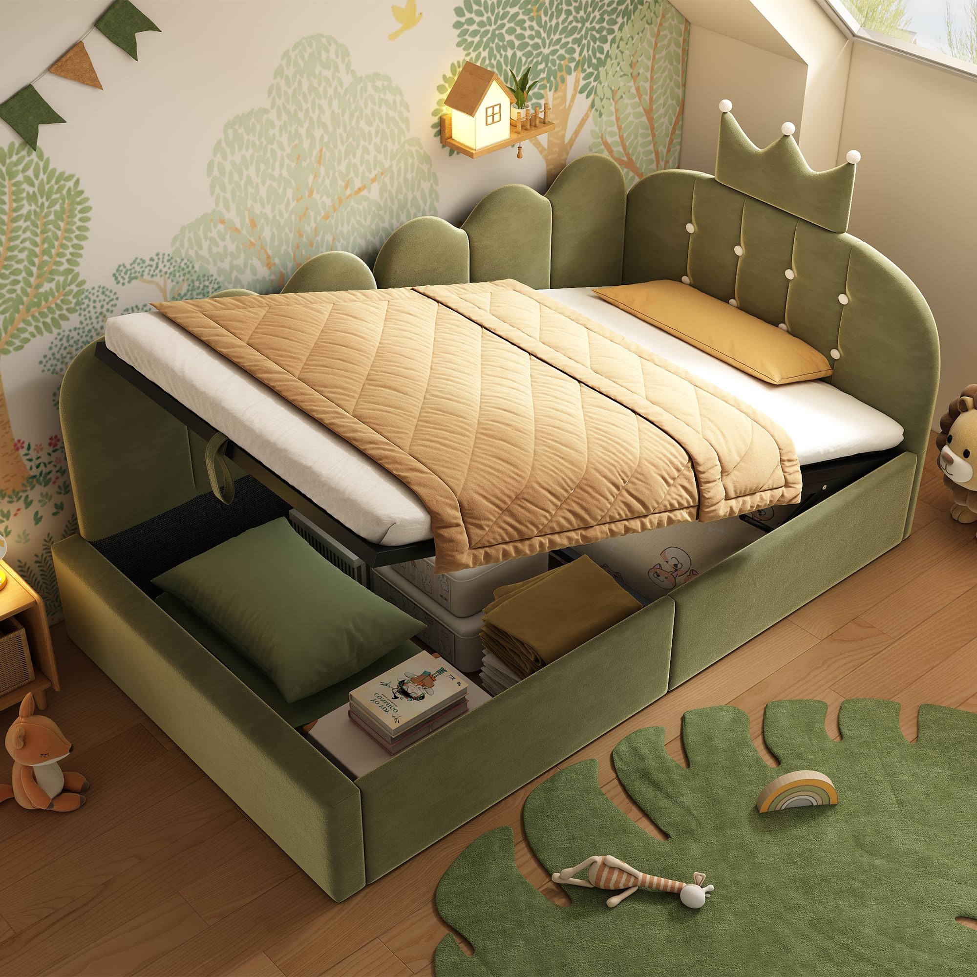 Merax Single Green Upholstered Bed, 3ft Single Day Bed Ottoman Bed with Hydraulic Storage, Design with Crown-shaped, Metal Slatted Frame, for Adults Children, Velvet/90x190cm(No Mattress)