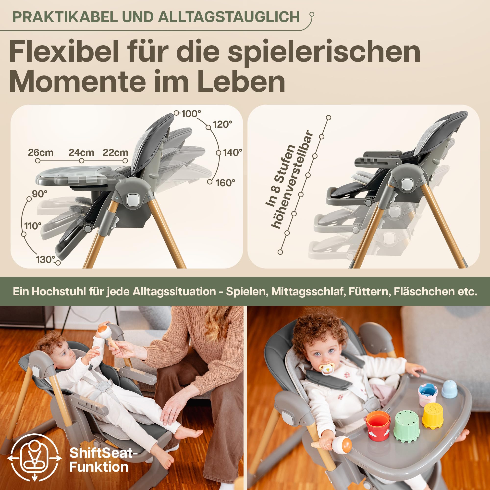FlexiCo Hochstuhl Baby mit Liegefunktion & Neugeborenenaufsatz, Klappbar & Höhenverstellbar | Kinderstuhl Kinderhochstuhl Babystuhl | Mitwachsend Kind ab Geburt, 1-3 Jahre | Grau