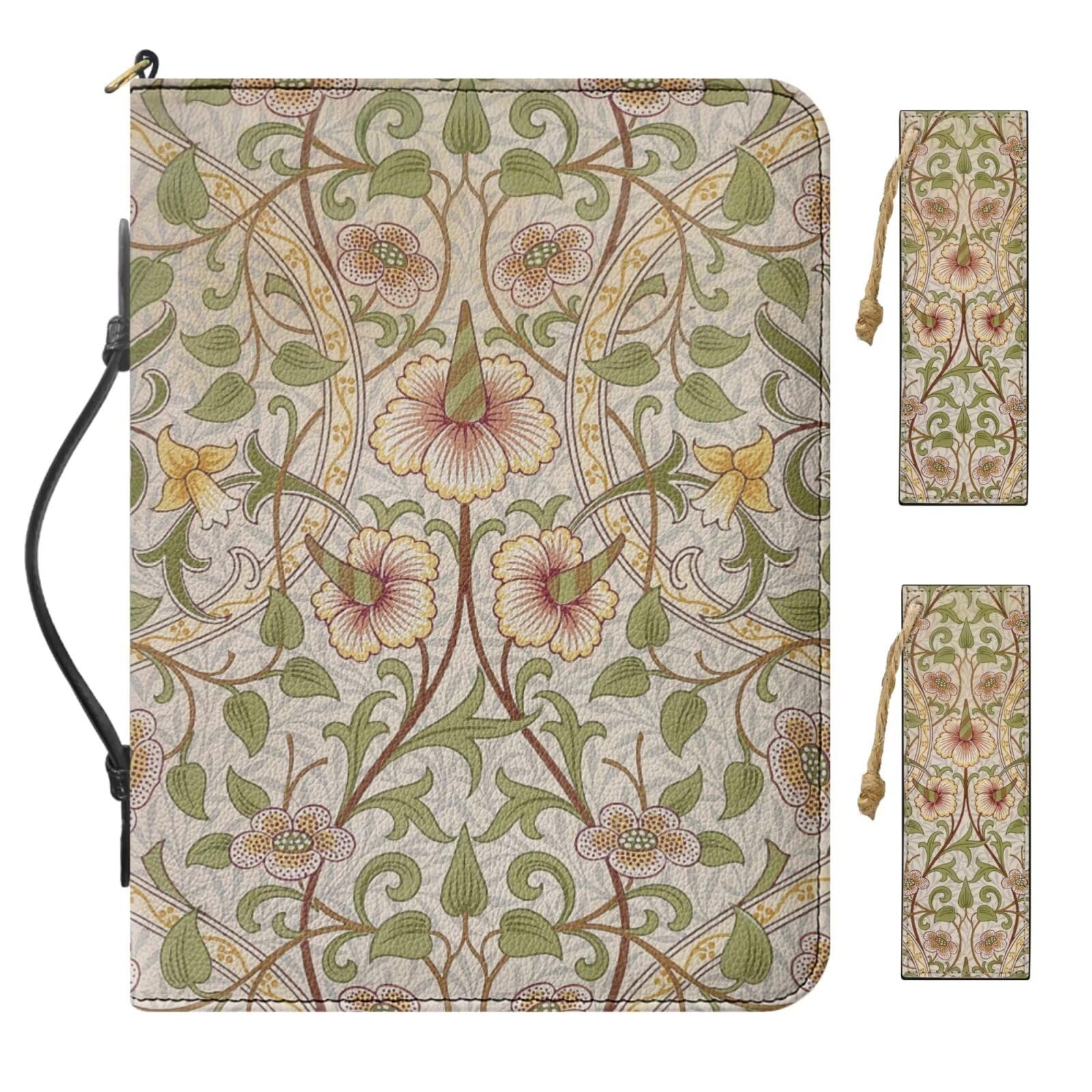 Buxolandt Large Women's Bible Cover, Comes with 2 Leather Bookmarks Built-in Pocket Pen Slots, Color PU Leather Bible Cases with Handle, Work of William Morris Printed Christian Gifts for Women