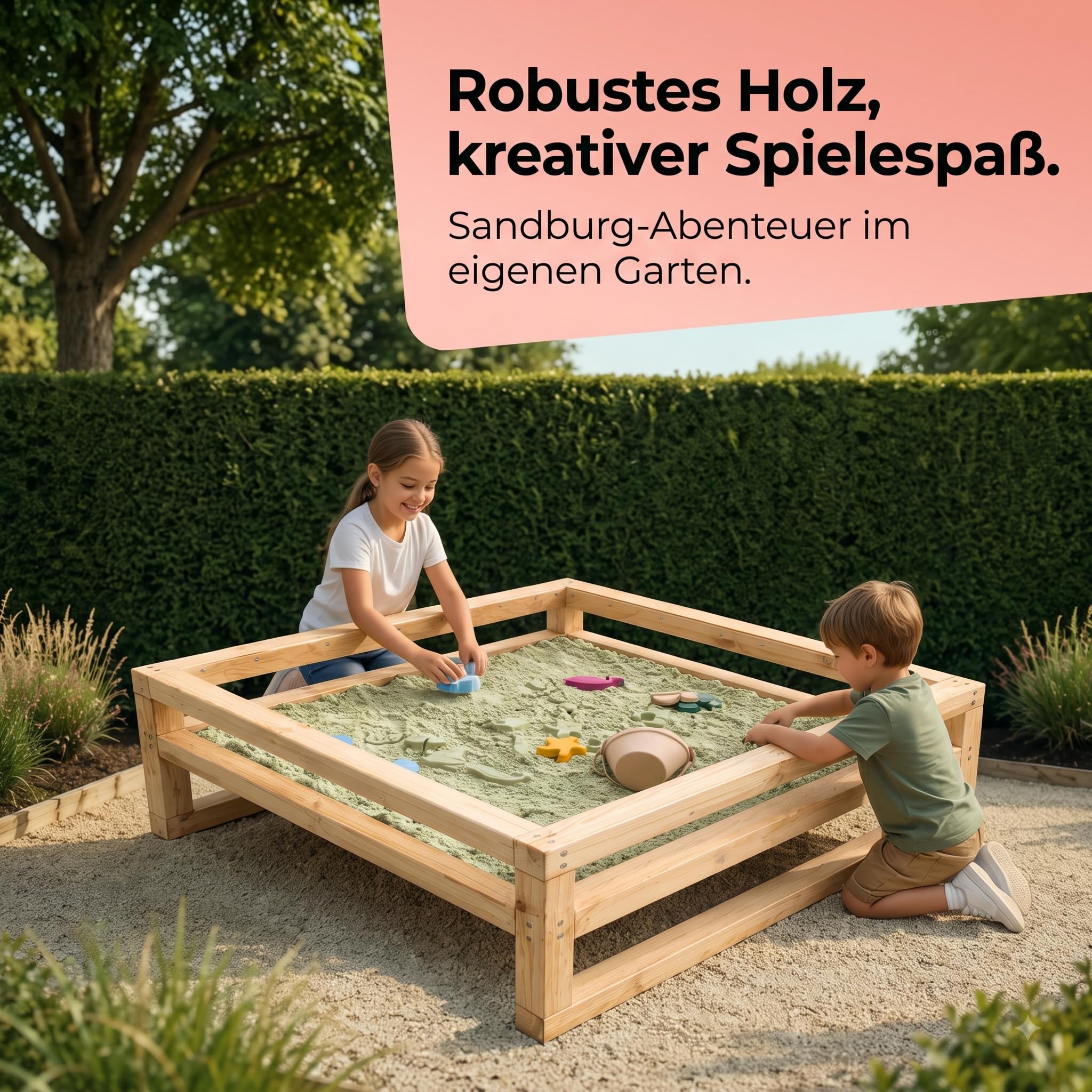 Modulaki Outdoor Matschküche für Kinder – Kinderküche aus Holz mit Spüle, Herdplatten & Stauraum, inkl. Kochgeschirr, Utensilien & Kinetischem Sand, Gartenküche für draußen