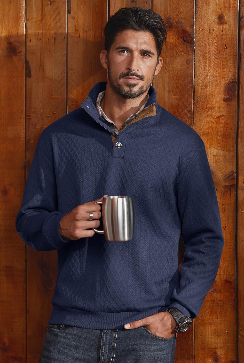 Men's Textured Thermal Sweatshirt Heavyweight Fleece Lined Pullover with Elbow Patches (S-XXL) - Image 2