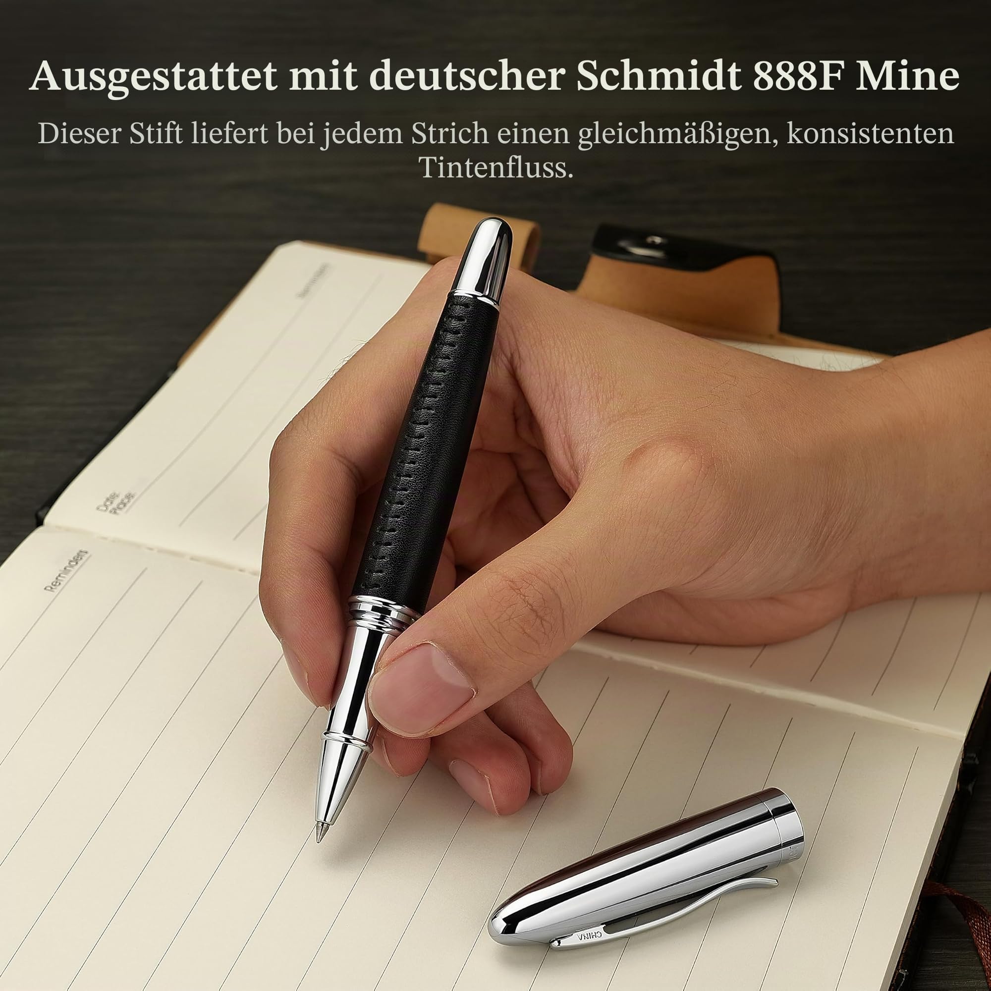 BEILUNER 318 Luxus Lederstift – handgenähtes Premium-Leder mit Chrom-Finish, Schmidt-Tintenmine, nachfüllbarer Rollerball für Damen & Herren, ideal als Geschenk für gehobene Schreibkultur
