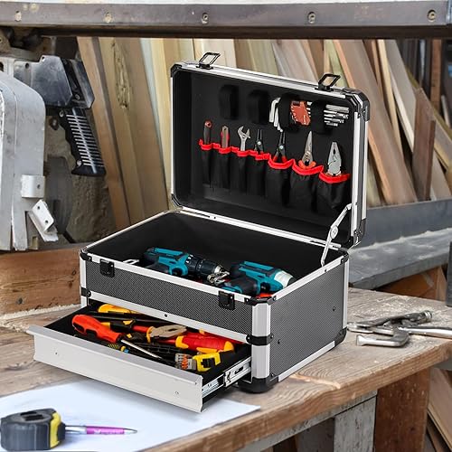 Miniatura 6 de Caja de herramientas, caja de almacenamiento de herramientas portátil con cerradura de metal, caja organizadora de herramientas de artesanía dura de