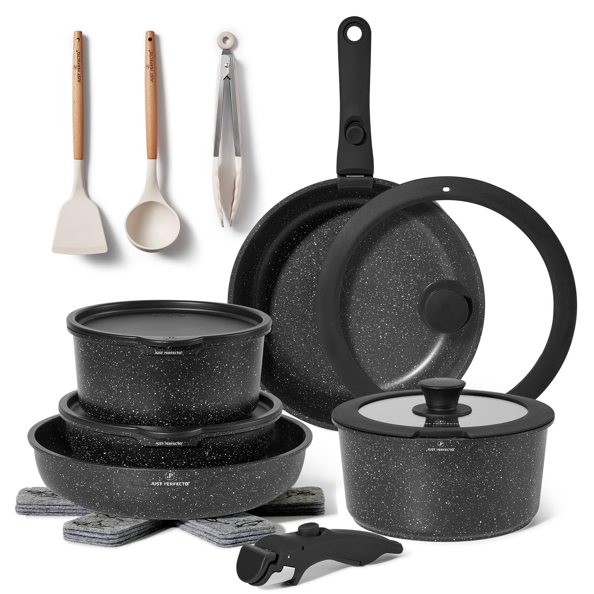 Juego de Cocina Antiadherente 18 Piezas – Ollas y Sartén con Mango Extraíble – Apto para Inducción – Sin PFOA – Fácil de Lavar a Mano (Negro)