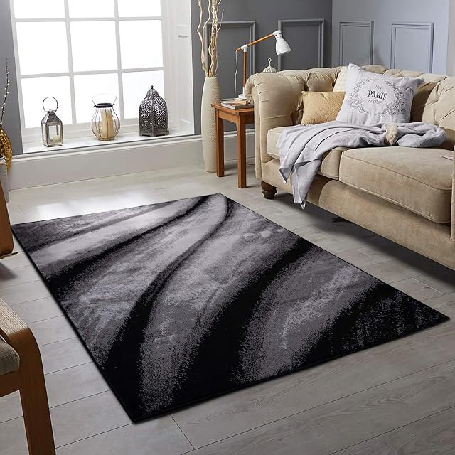 Rugs City Modern Purple Black Red Blue Abstract Pattern Dining Room Area Rug Extra Large Small Kitchen Thick Soft Touch Short Pile Living Room Bedroom Carpet Hallway Runner Rugs (BLACK, 80 X 150 CM)