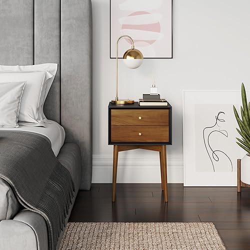 Miniatura 3 de Nathan James - Mesita de noche lateral Harper de mediados de siglo, 2 cajones, mesa decorativa o auxiliar con almacenamiento, madera, negromarrón