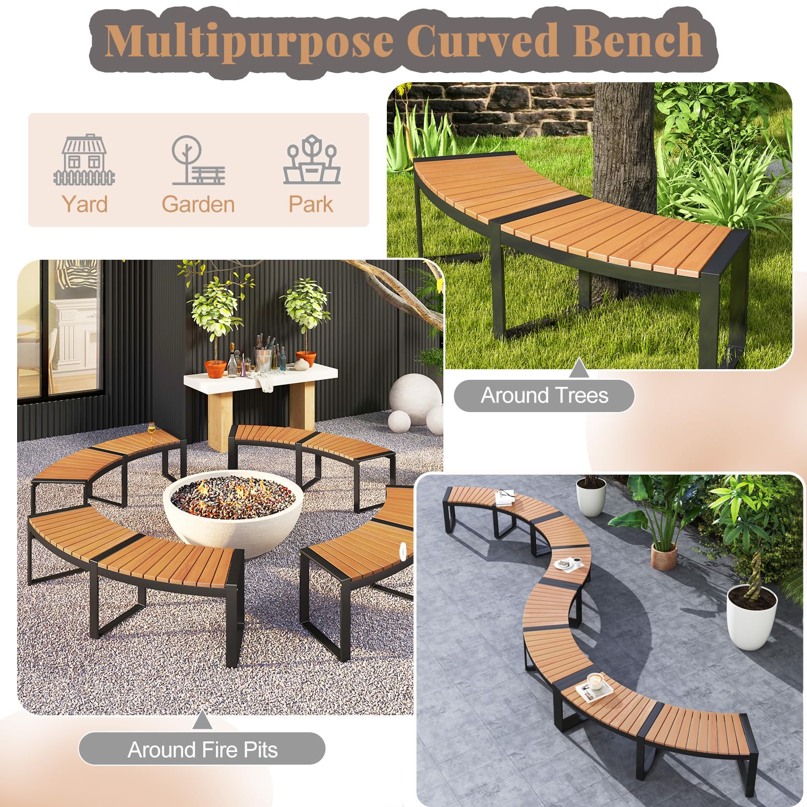 KOMFOTTEU Panchina da Esterno Curvata, Set di 2 Panchine da Giardino in Legno di Acacia con Struttura in Metallo, Comoda Panca da Patio 2-3 Posti, per Veranda, Cortile, Prato, Capacità di 360 kg (2)