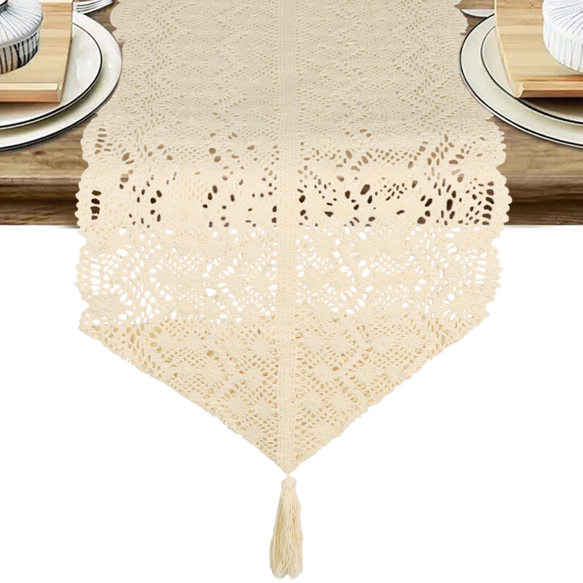 Zercart Beige Table Runners,Cotton Linen Boho Style Table Runner with Tassels,Faux Linen Table Runner,Woven Rustic Easy-care Table Runner,for Dining Table Coffee Table Restaurant Decoration