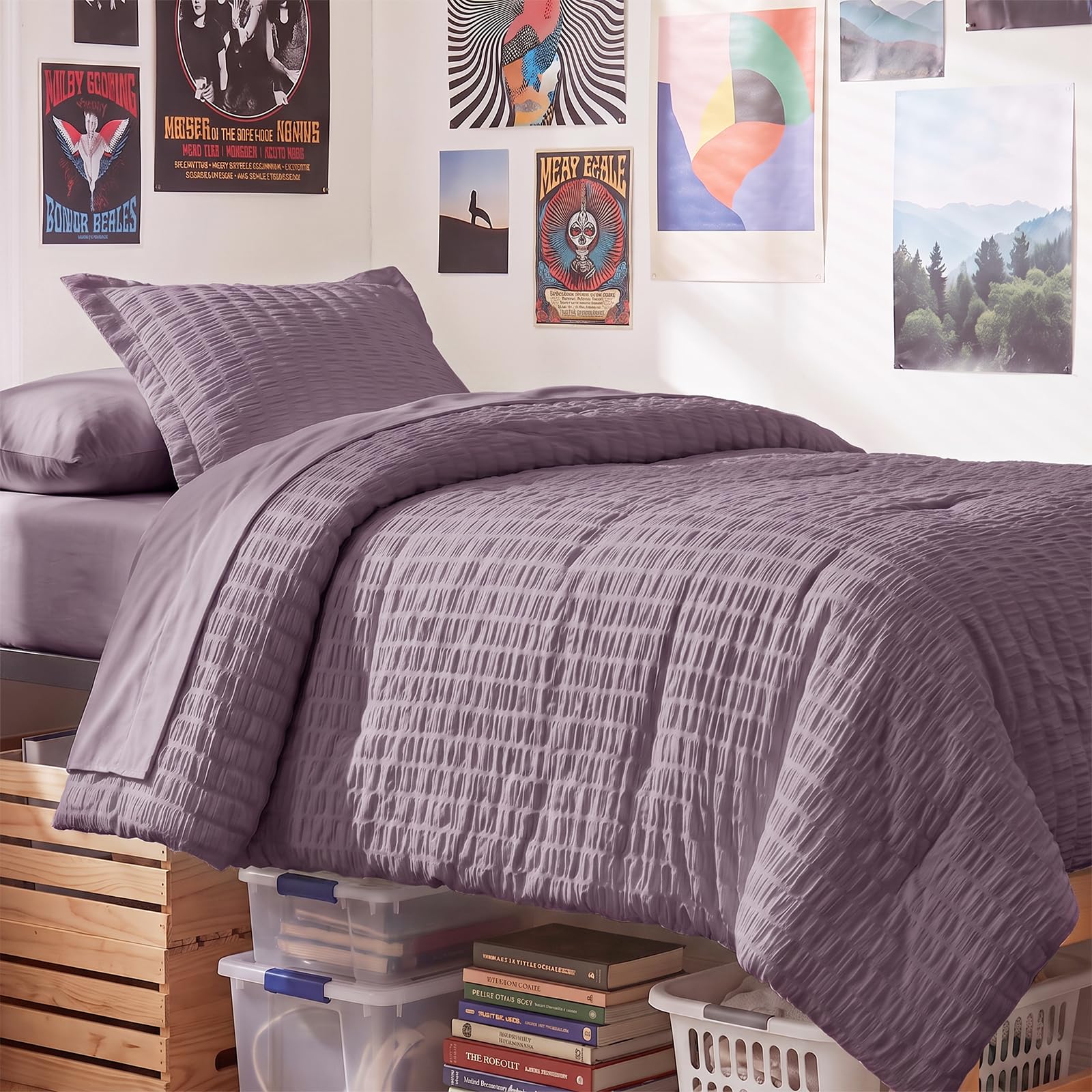 CozyLux Twin XL Comforter Set 5 Pieces Dusty Purple Seersucker Bed in a Bag