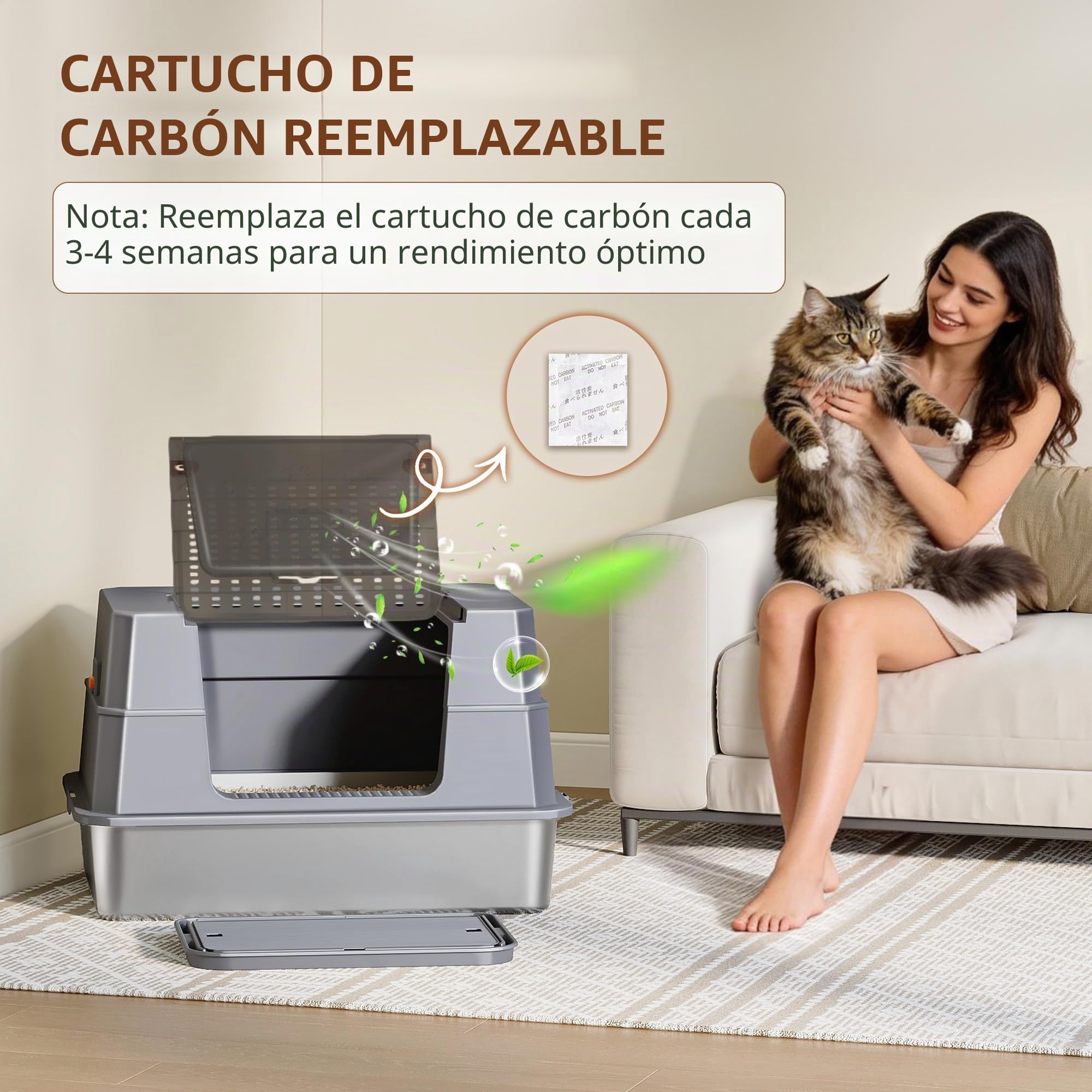 Arenero Acero Inoxidable Gatos XXXL, 70 x 50 x 45 cm, Gris Oscuro | Arenero Cerrado para Gatos con Tapa, Tapa Plegable 105°, Incluye Pedal y Pala, Fácil de Limpiar, Diseño Modular FPLB207SG2