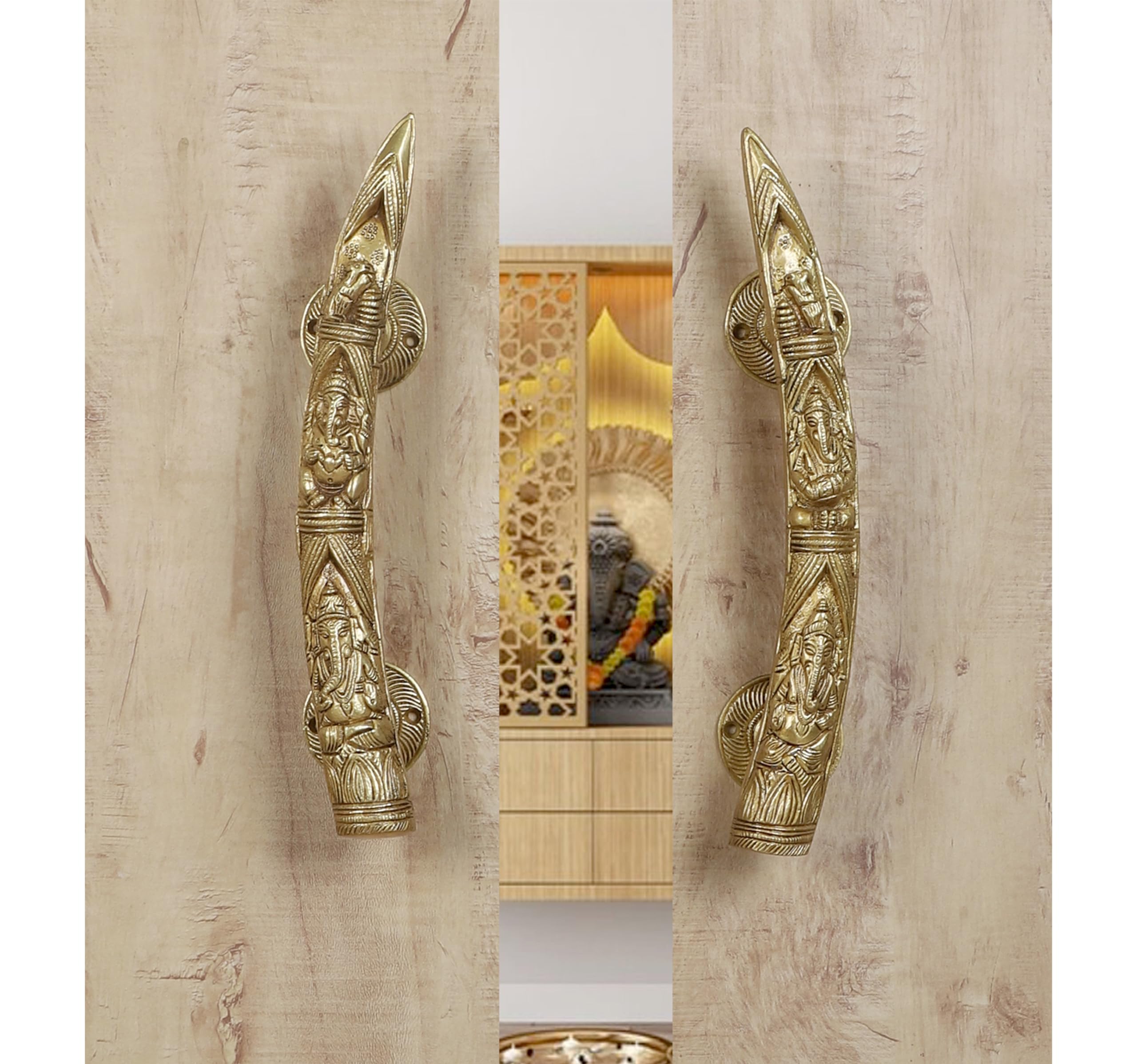 Two Moustaches Tuskar Style Ganesha Carving Brass Door Handle Pair (Antique Yellow) - 2 Pieces - Brass, Pull Handle-image-42