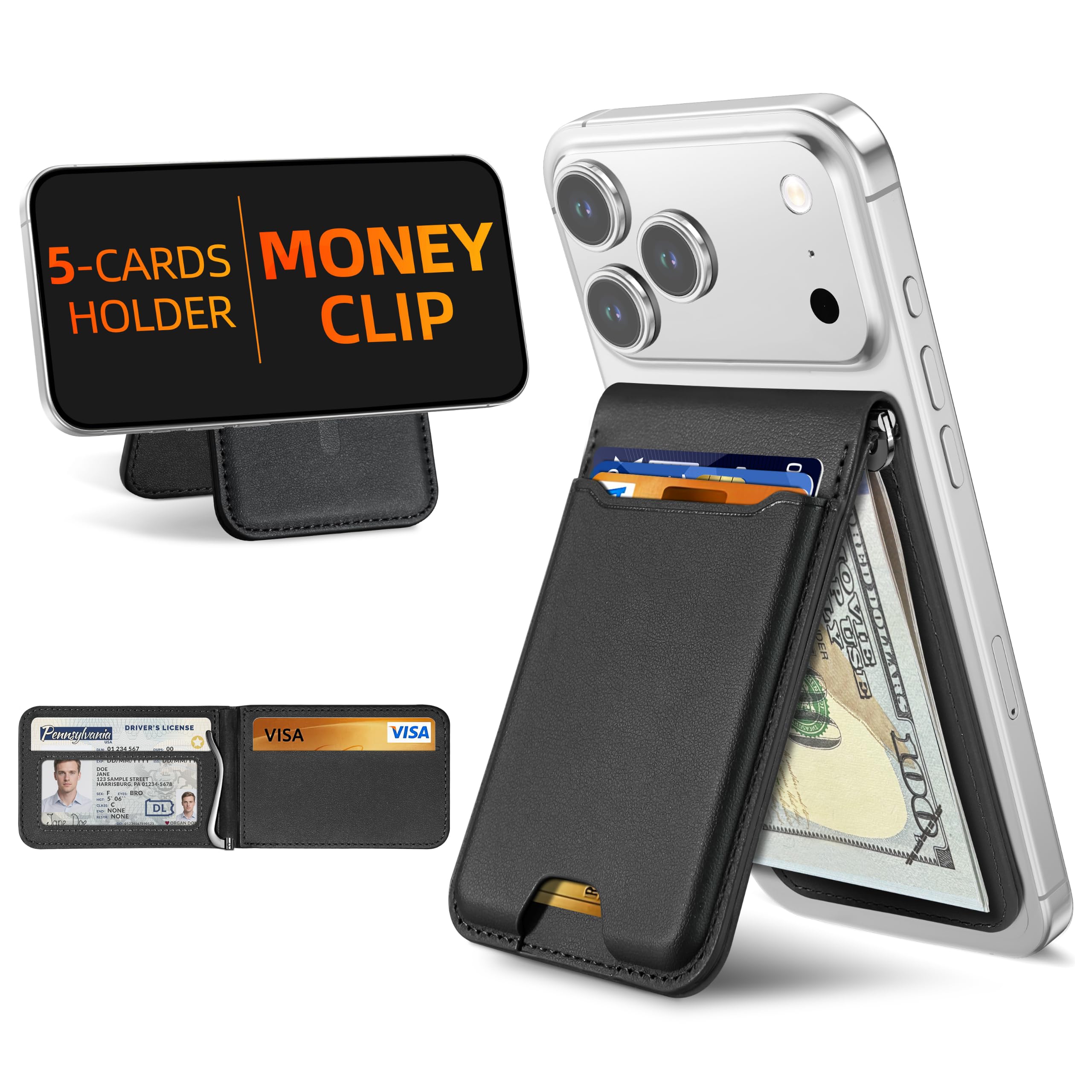 For Magsafe Wallet with Money Clip, Strongest Magnetic Wallet for iPhone 17/16/15/14/13/12 Series, Adjustable Stand, ID Window, 5 Card Holder, RFID Blocking, Not for 13/12 Mini, Black-Left-image-18