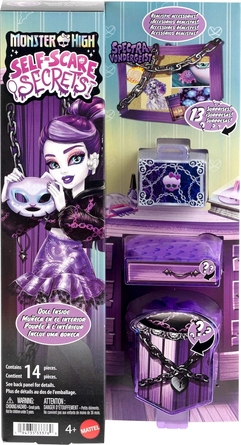 Monster High Self-Scare Secrets Spectra Vondergeist Doll and Accessories Set with 13 Realistic Surprises Like Manicure Kit and Record Player
